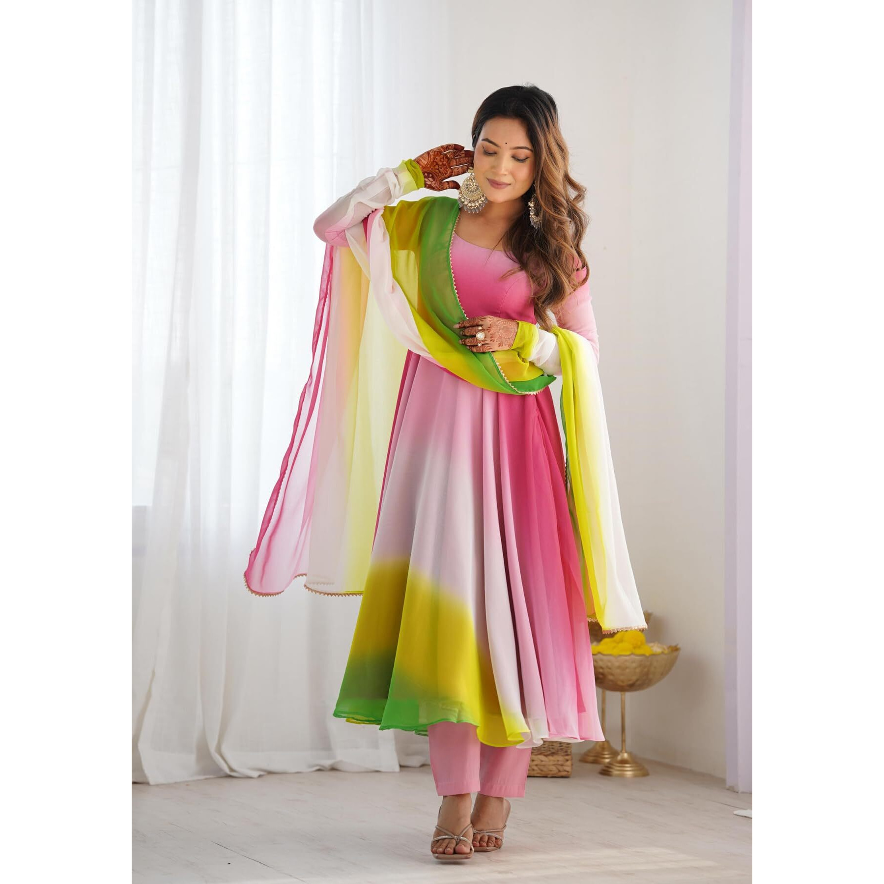 Gosriki Women's Georgette Anarkali Solid Kurta With Pant & Dupatta (Sade Multi-Gs_M_Multicolor_Medium)