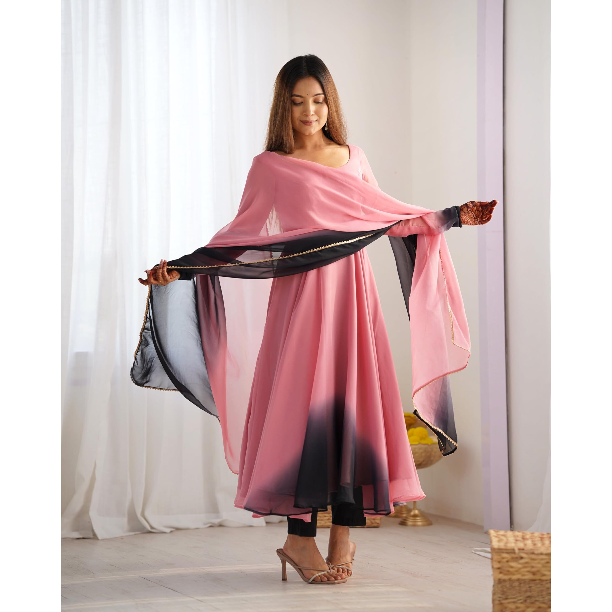 Gosriki Women's Georgette Anarkali Solid Kurta With Pant & Dupatta (Sade Baby Pink-Gs_Xl_Baby Pink_X-Large)