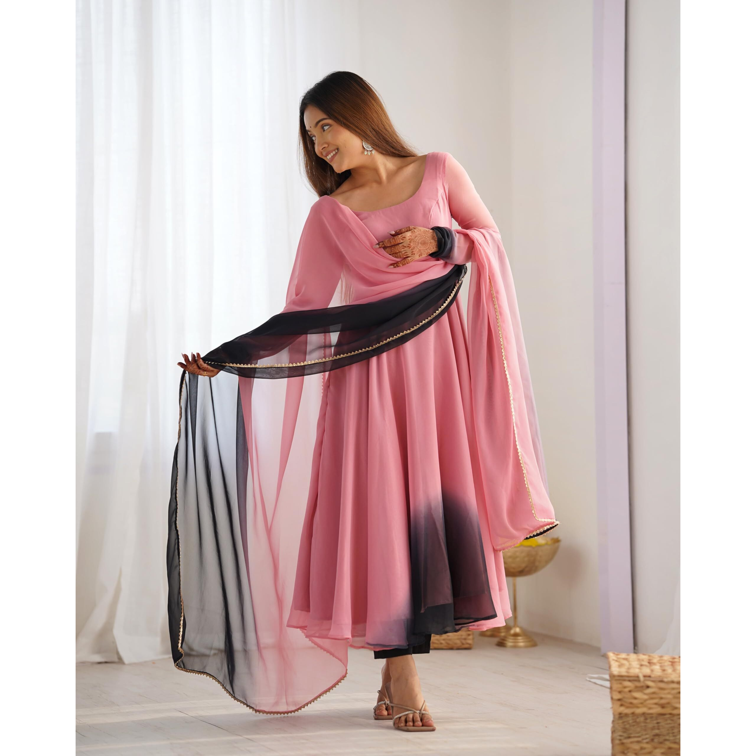 Gosriki Women's Georgette Anarkali Solid Kurta With Pant & Dupatta (Sade Baby Pink-Gs_Xl_Baby Pink_X-Large)