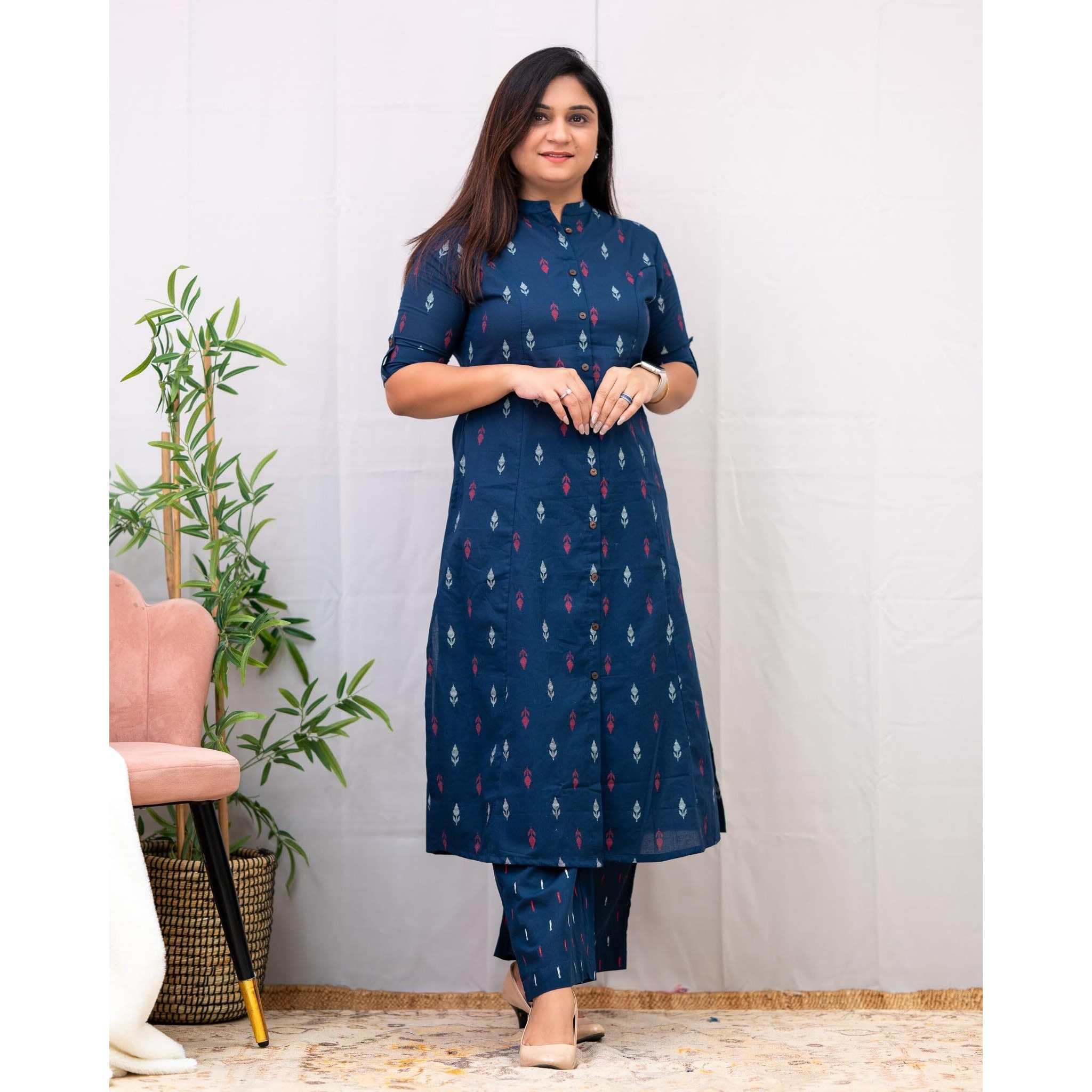 Gosriki Women's Rayon Viscose A-Line Printed Kurta With Pant (Vibha Blue-Vks01-Gs_M_Blue_Medium)