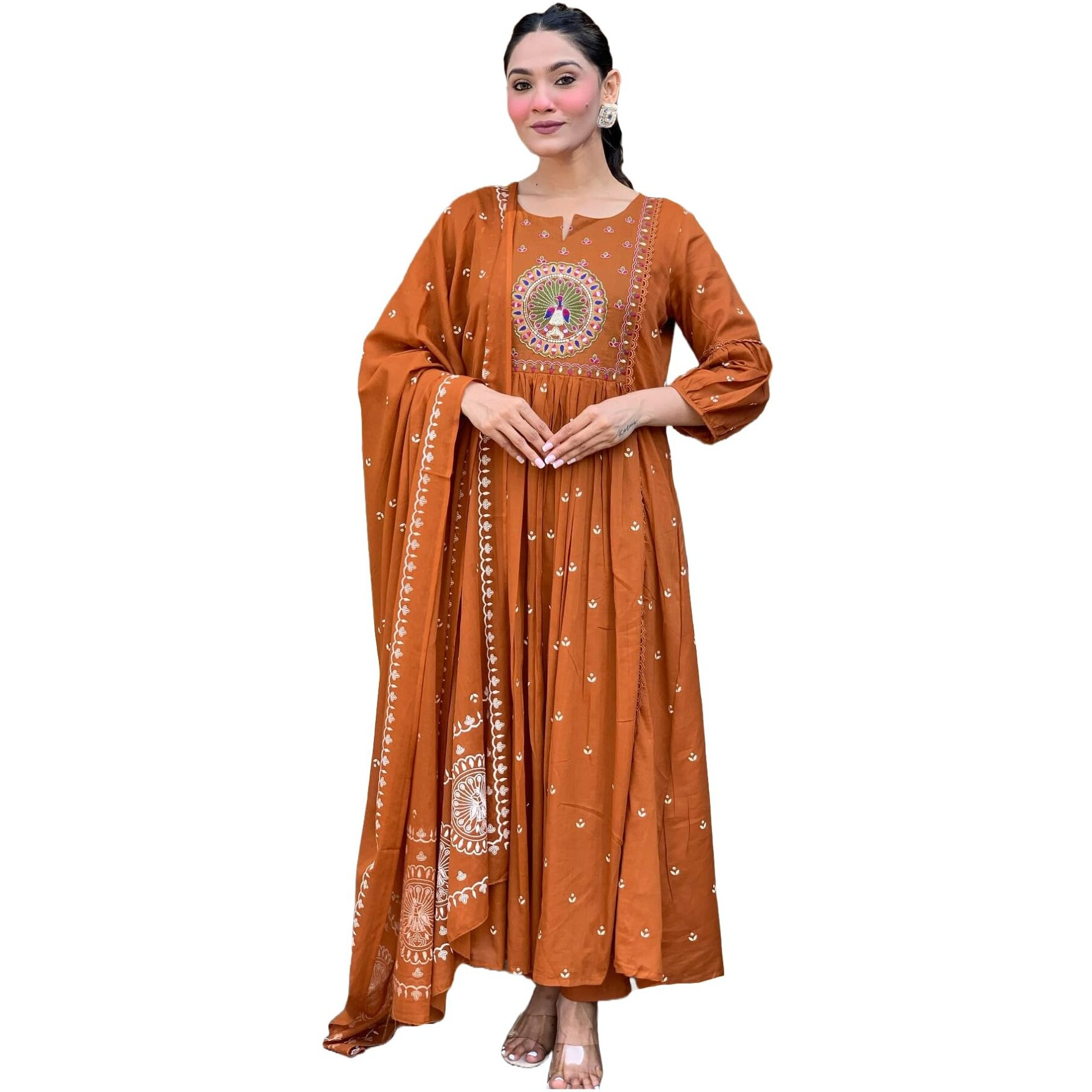 Gosriki Women's Rayon Viscose Anarkali Embroidered Kurta With Pant & Dupatta (Kesriya Rust-Gs_S_Rust_Small)