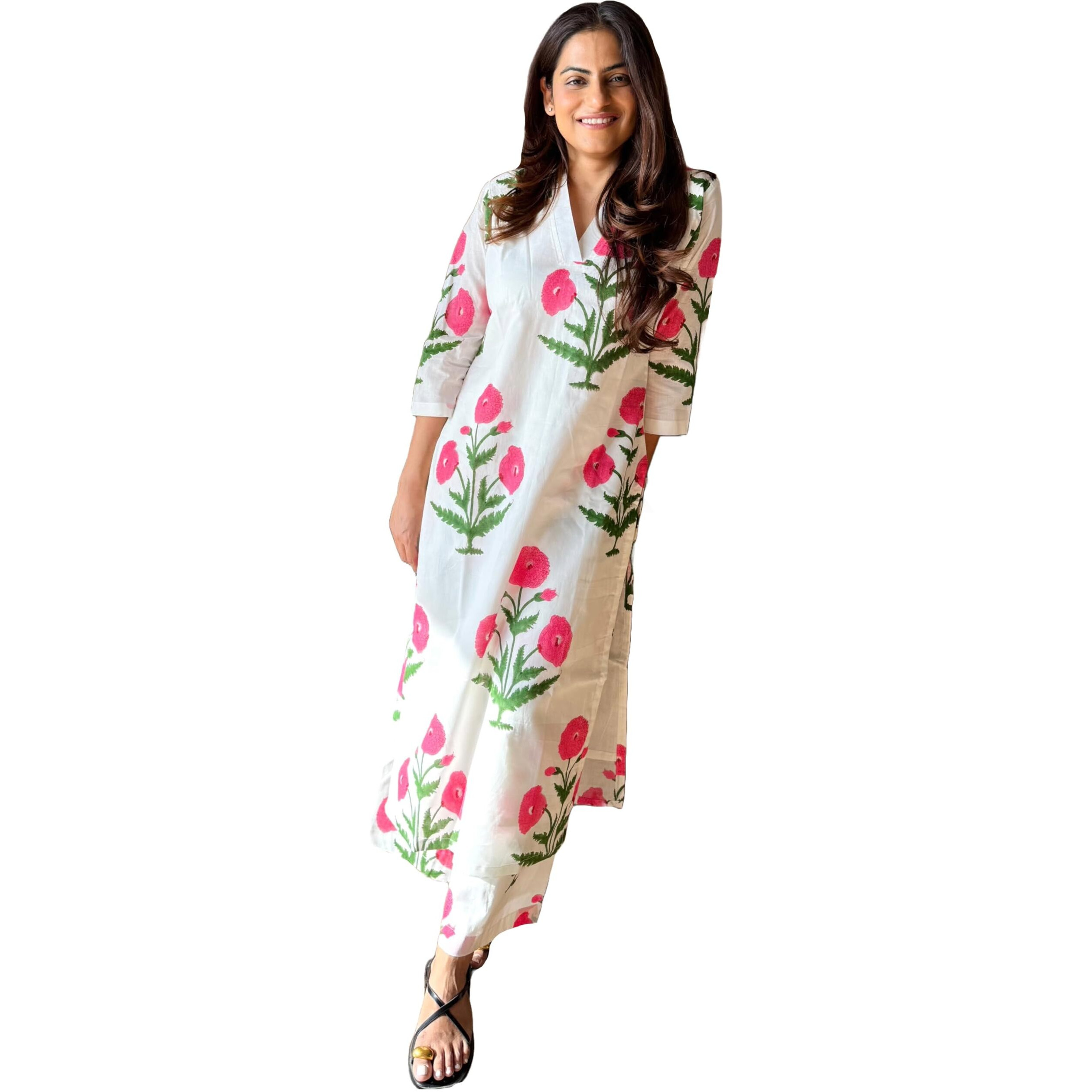 Gosriki Women's Rayon Viscose Straight Printed Kurta With Palazzo (Aneena White-Gs_M_White_Medium)