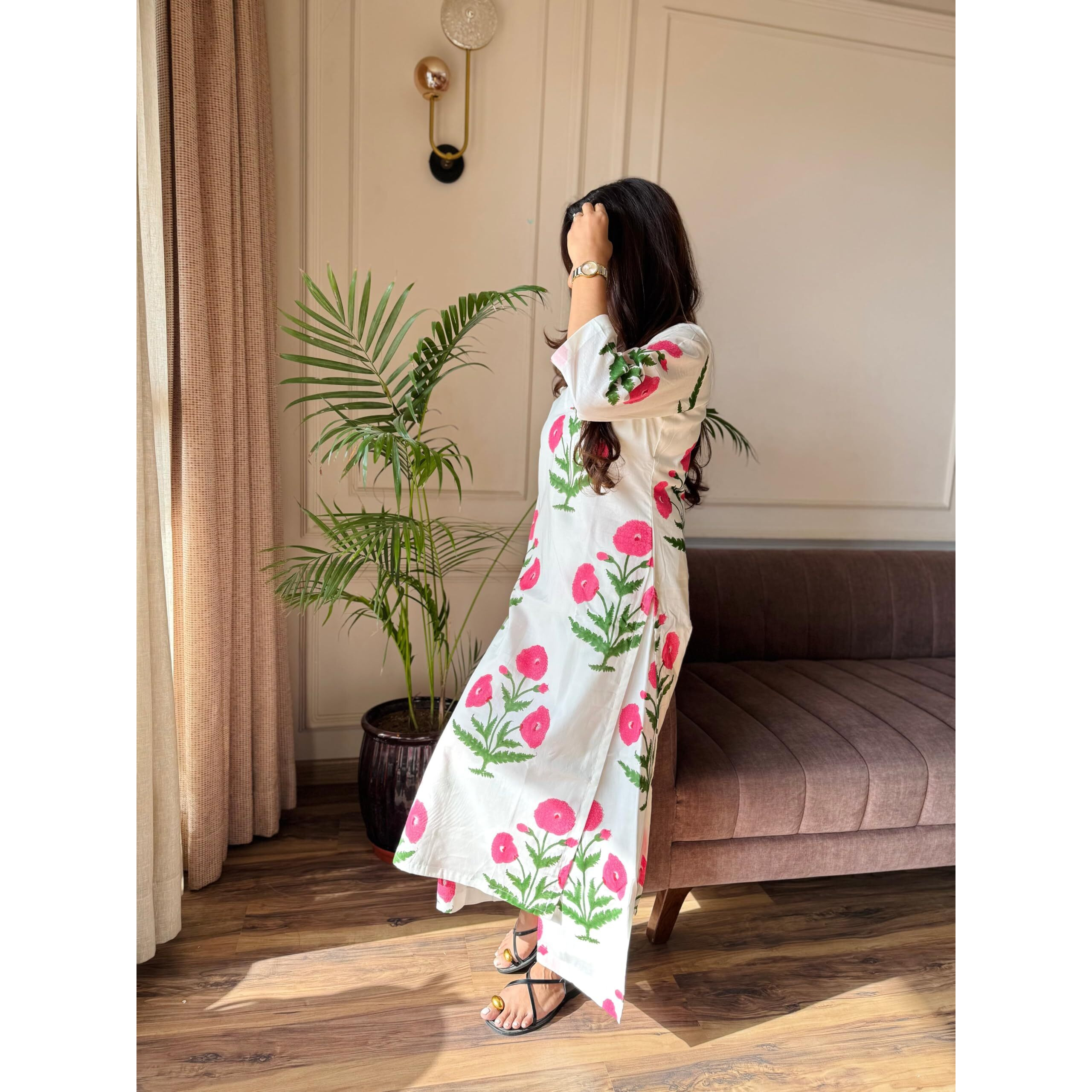 Gosriki Women's Rayon Viscose Straight Printed Kurta With Palazzo (Aneena White-Gs_M_White_Medium)