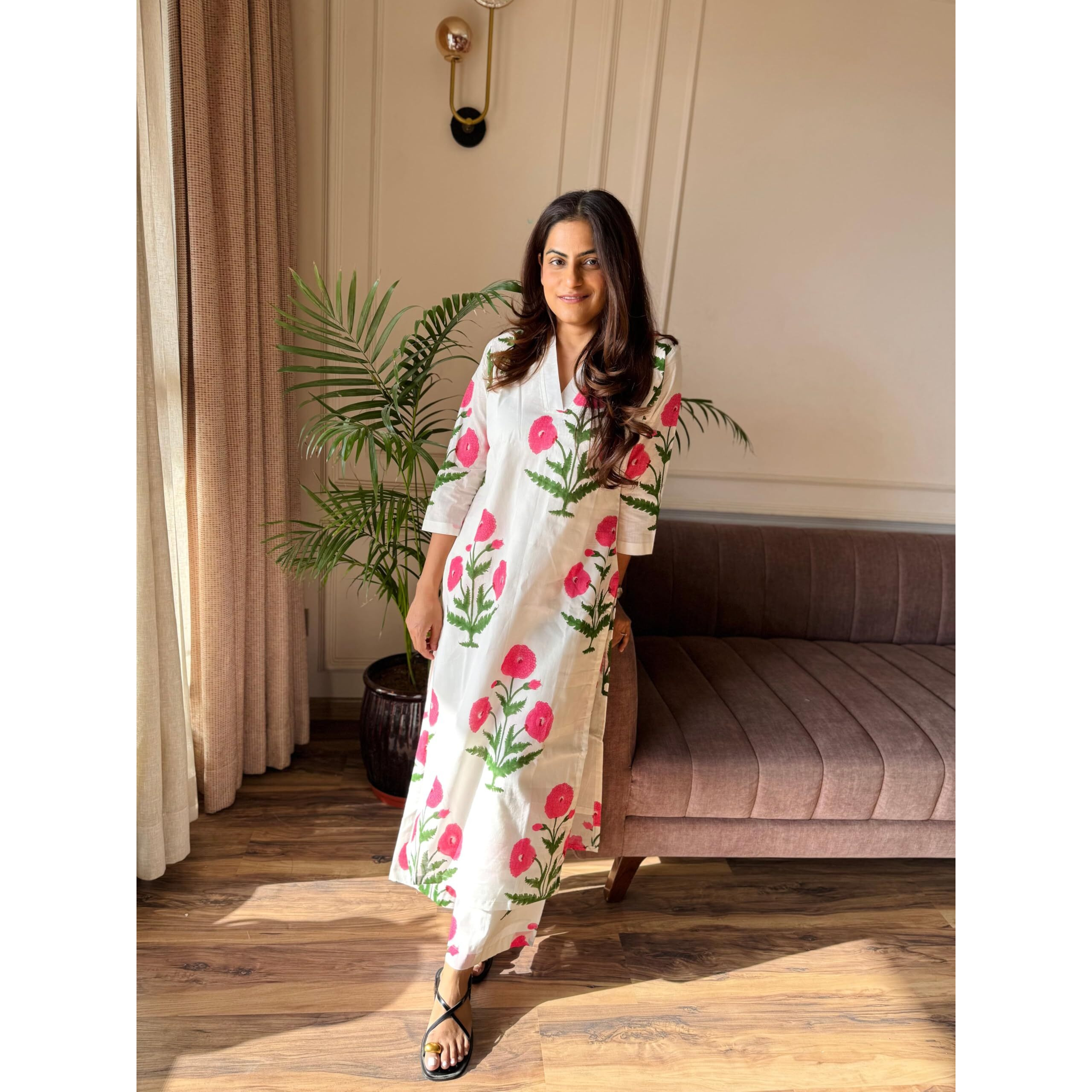 Gosriki Women's Rayon Viscose Straight Printed Kurta With Palazzo (Aneena White-Gs_M_White_Medium)