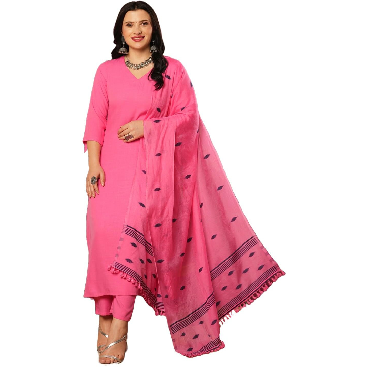 Gosriki Women's Rayon Blend Solid Straight Kurta With Pant & Dupatta (Janeu Pink-Vks01-Gs_M_Pink_Medium)