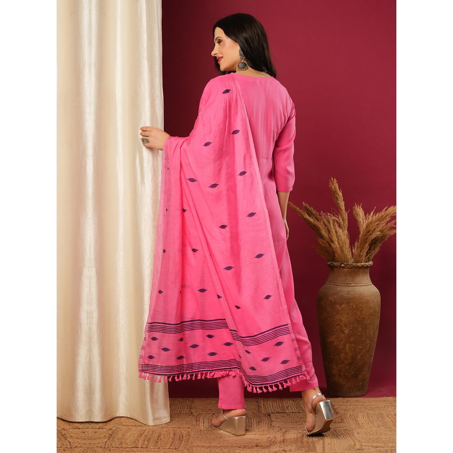 Gosriki Women's Rayon Blend Solid Straight Kurta With Pant & Dupatta (Janeu Pink-Vks01-Gs_M_Pink_Medium)