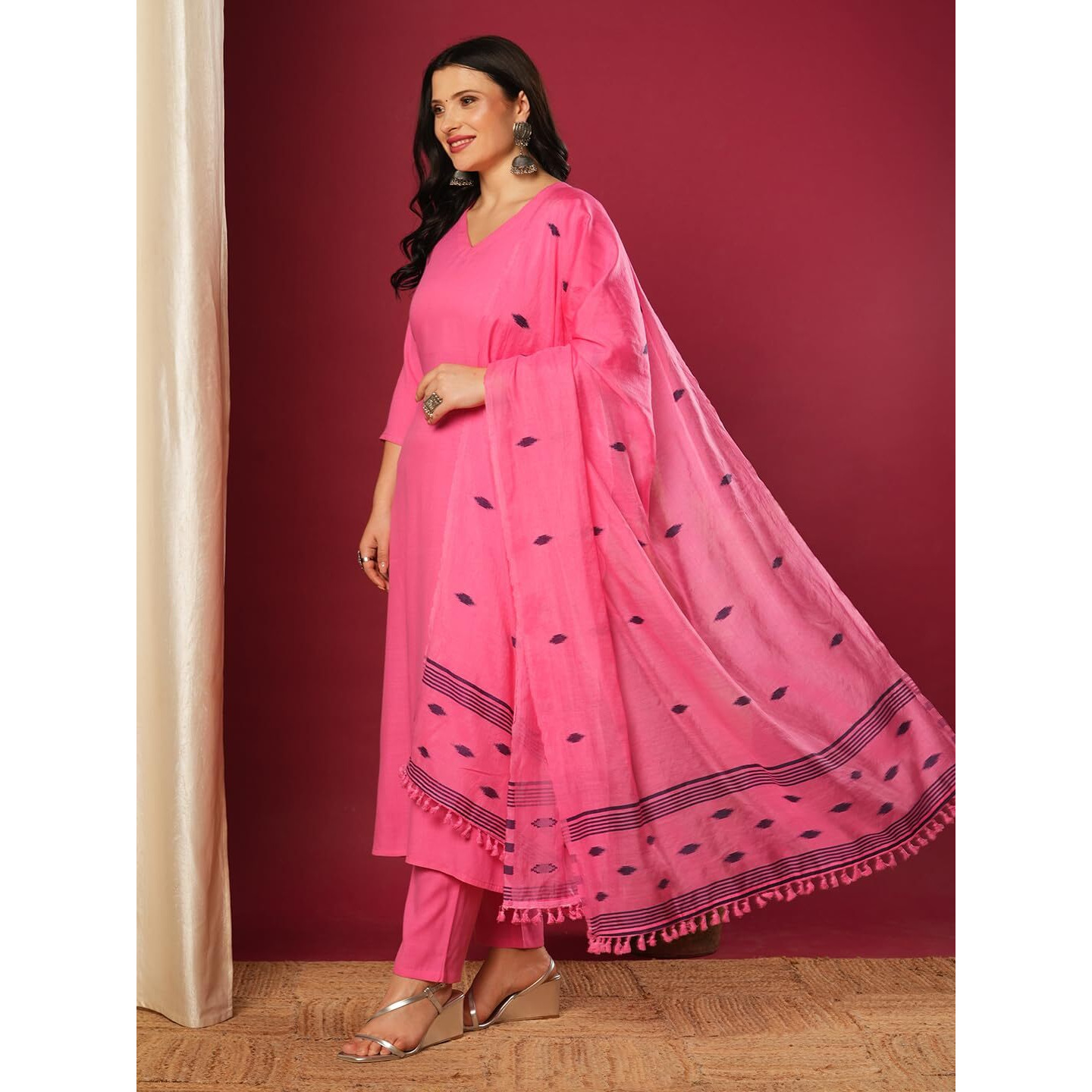 Gosriki Women's Rayon Blend Solid Straight Kurta With Pant & Dupatta (Janeu Pink-Vks01-Gs_M_Pink_Medium)