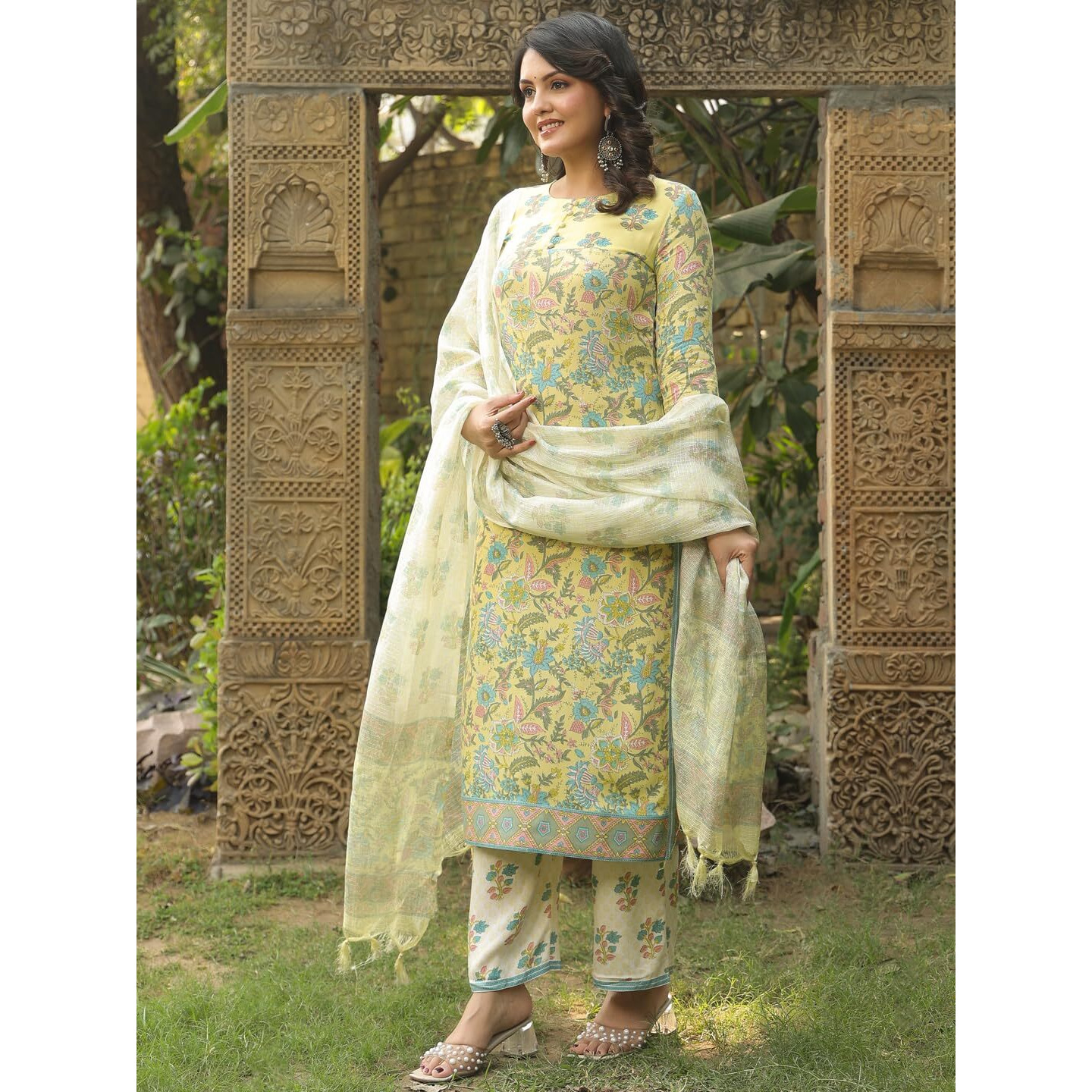 Gosriki Women's Rayon Blend Straight Printed Kurta With Pant & Dupatta (Ribas Green-Vks01-Gs_S_Green_Small)