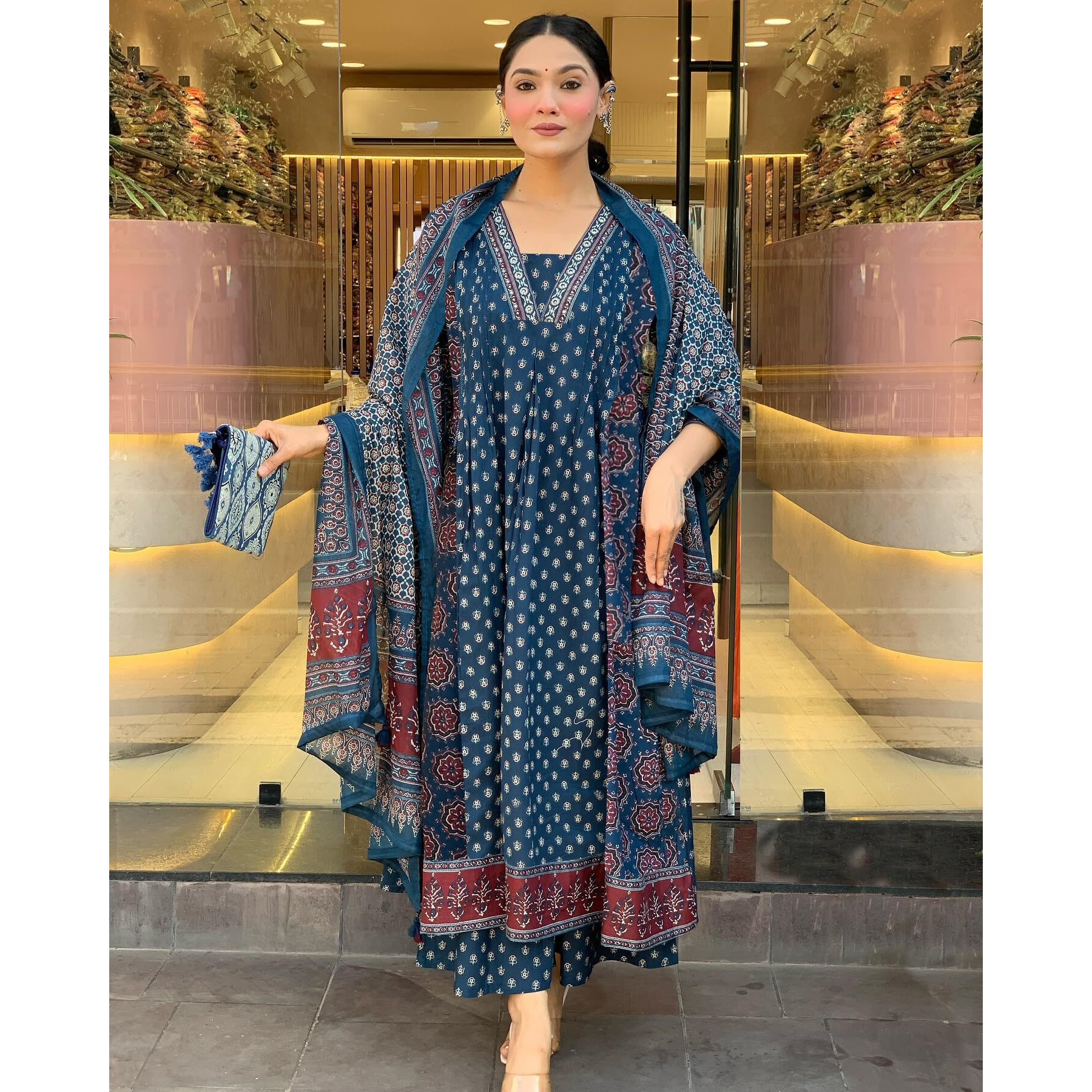 Gosriki Women's Rayon Viscose Anarkali Printed Kurta With Palazzo & Dupatta (Nakula Blue-Gs_M_Blue_Medium)