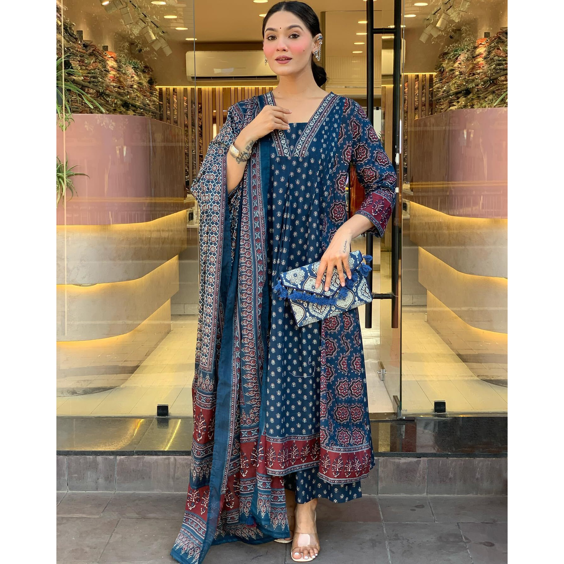 Gosriki Women's Rayon Viscose Anarkali Printed Kurta With Palazzo & Dupatta (Nakula Blue-Gs_M_Blue_Medium)