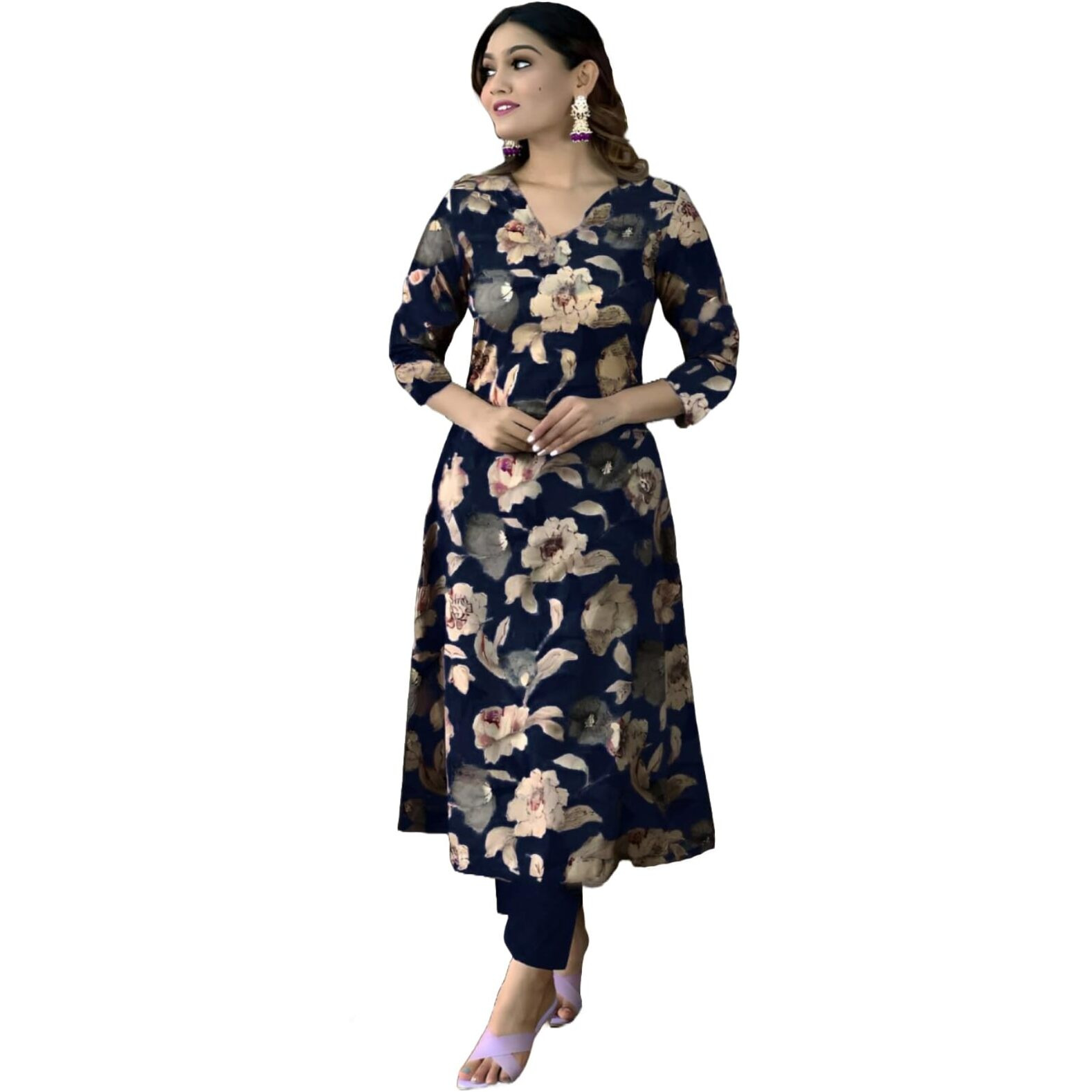 Gosriki Women's Cotton Blend Straight Printed Kurta With Pant (Dhun Navy Blue-Gs_S_Navy Blue_Small)