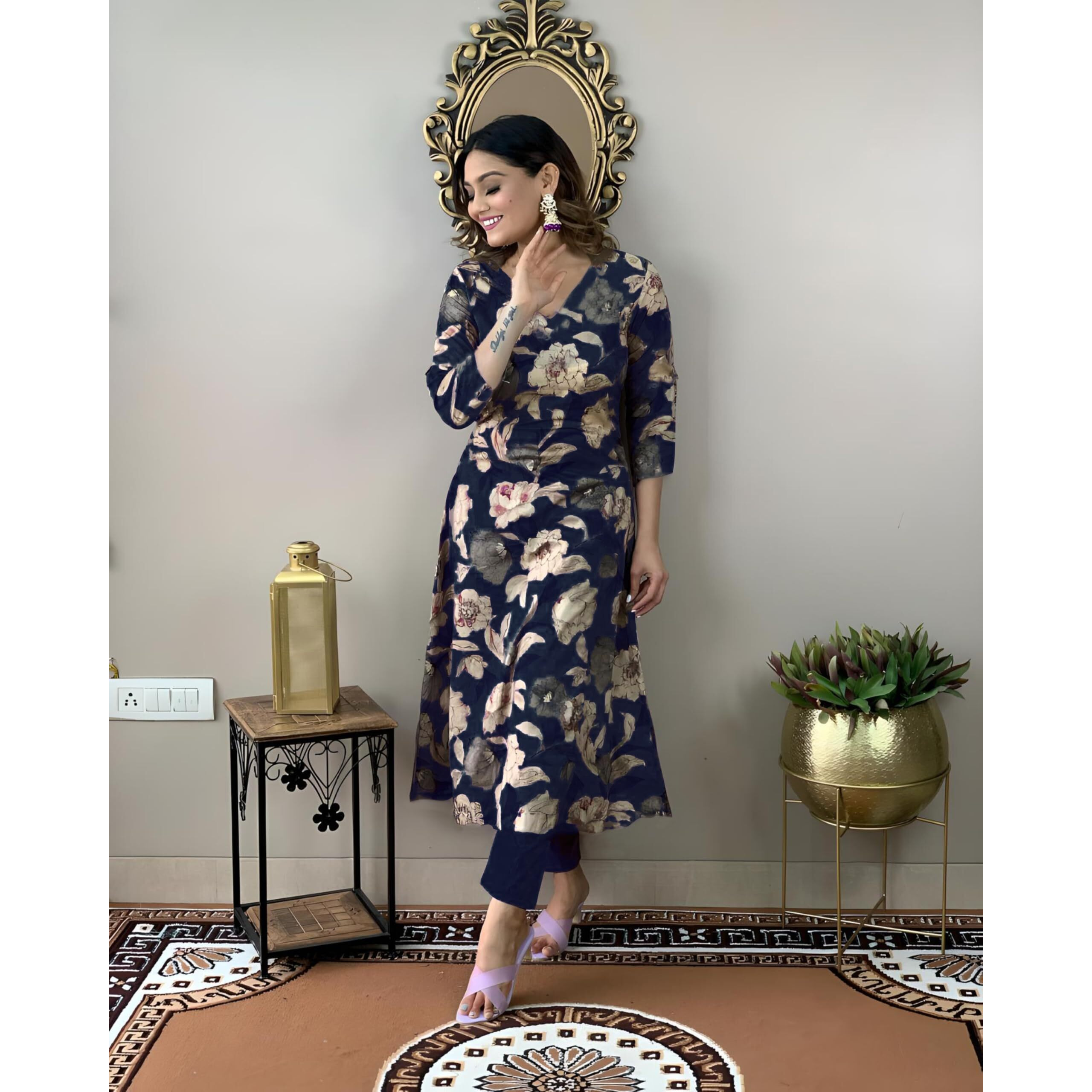 Gosriki Women's Cotton Blend Straight Printed Kurta With Pant (Dhun Navy Blue-Gs_S_Navy Blue_Small)
