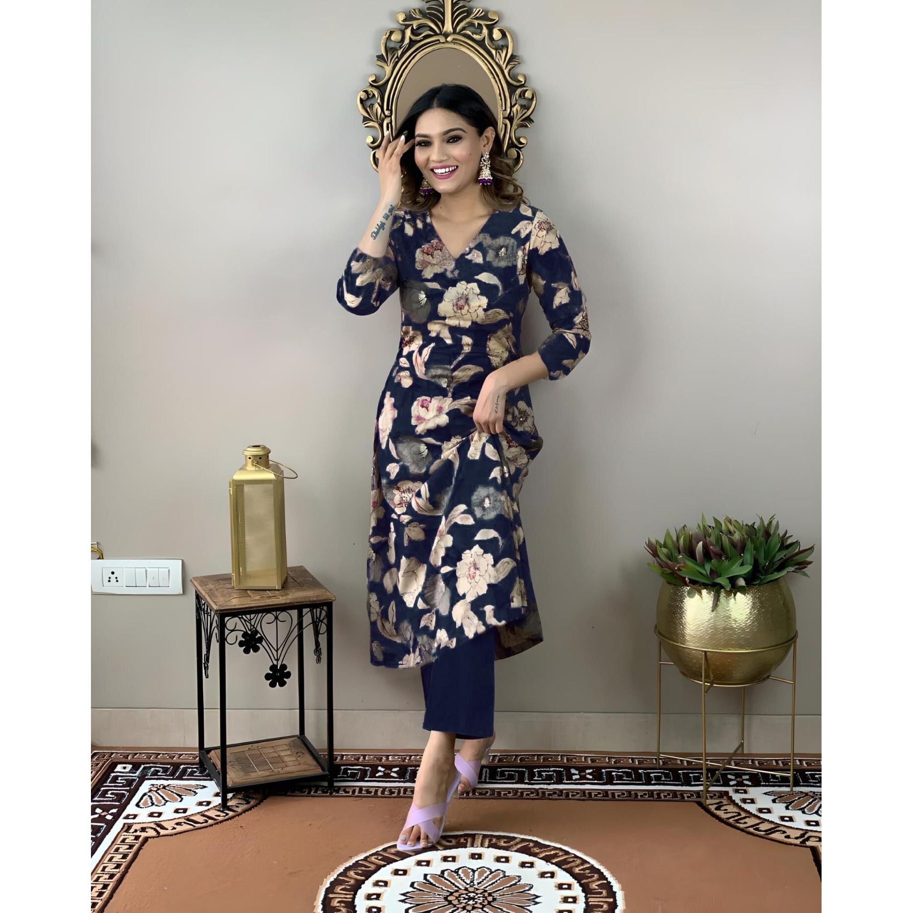 Gosriki Women's Cotton Blend Straight Printed Kurta With Pant (Dhun Navy Blue-Gs_S_Navy Blue_Small)