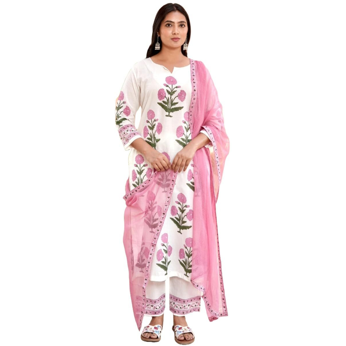 Gosriki Women's Rayon Viscose Straight Printed Kurta With Pant & Dupatta (Dayita Pink-Vks01-Gs_Xl_Pink_X-Large)