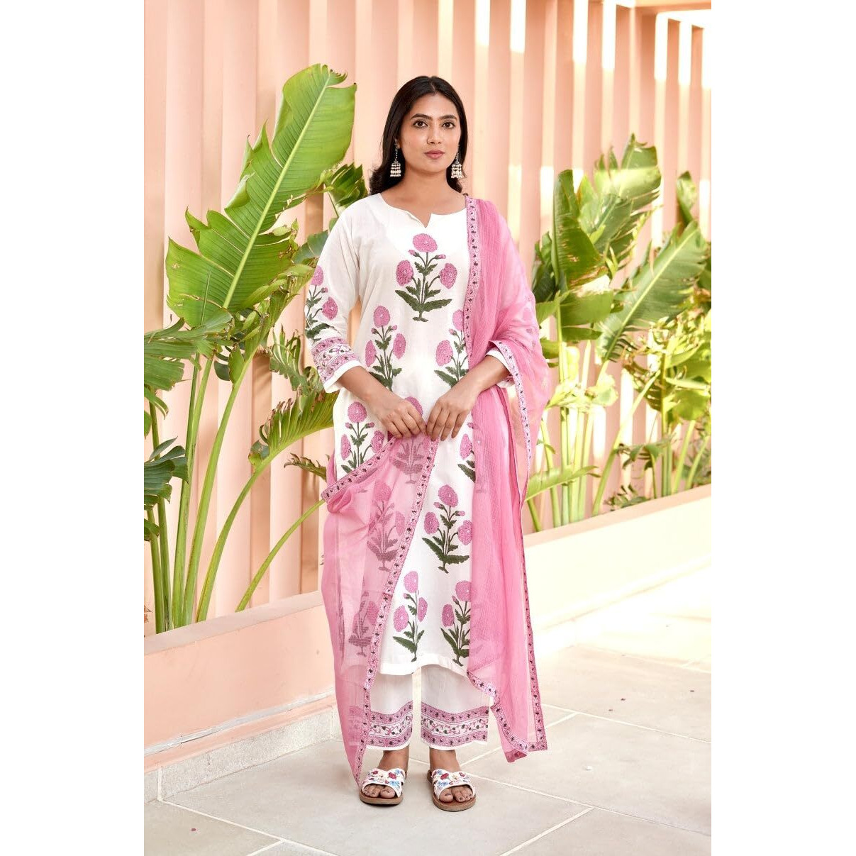 Gosriki Women's Rayon Viscose Straight Printed Kurta With Pant & Dupatta (Dayita Pink-Vks01-Gs_Xl_Pink_X-Large)