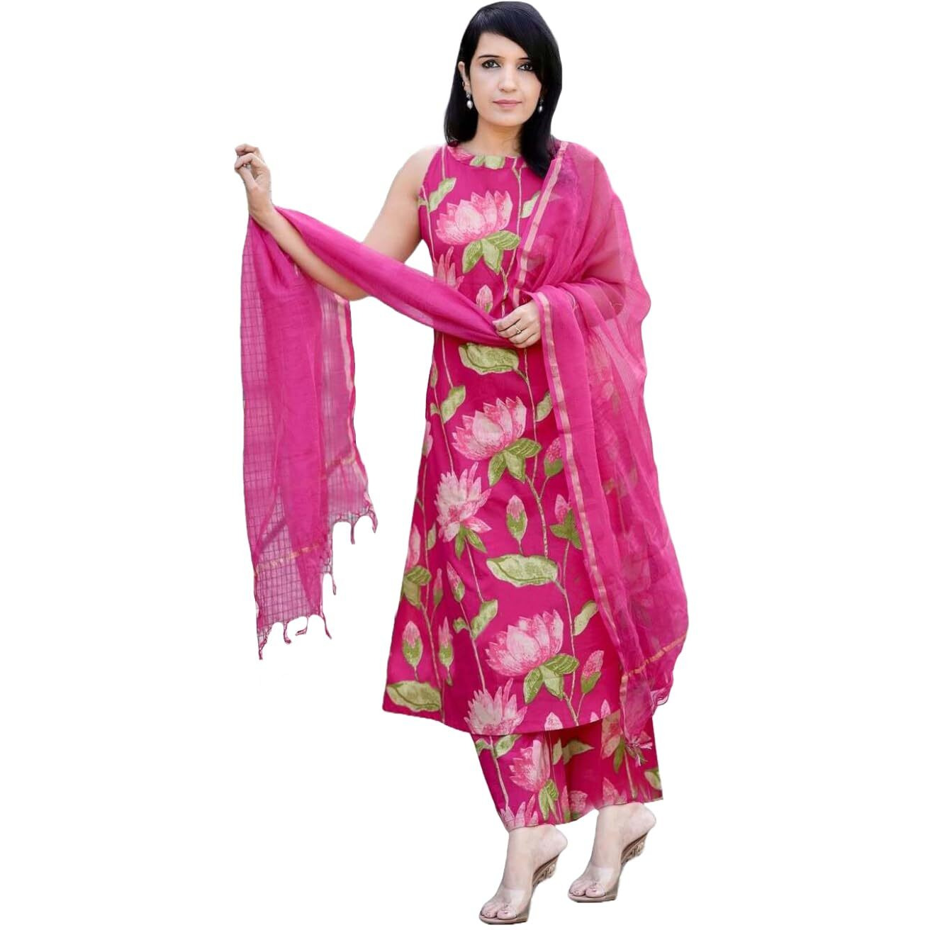 Gosriki Women's Rayon Viscose Printed A-Line Kurta With Palazzo & Dupatta (Amala Pink-Gs_Xxl_Pink_Xx-Large)