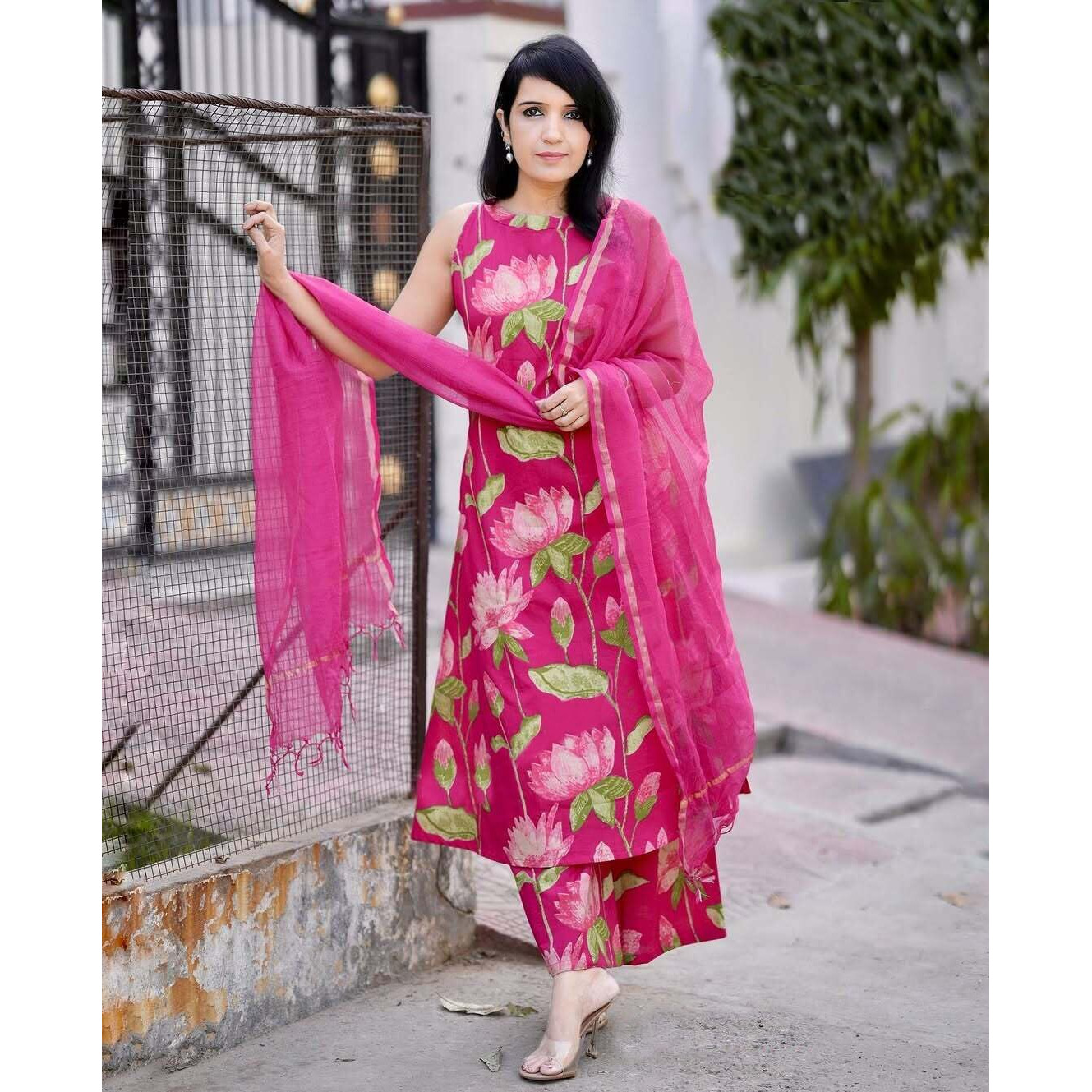 Gosriki Women's Rayon Viscose Printed A-Line Kurta With Palazzo & Dupatta (Amala Pink-Gs_Xxl_Pink_Xx-Large)