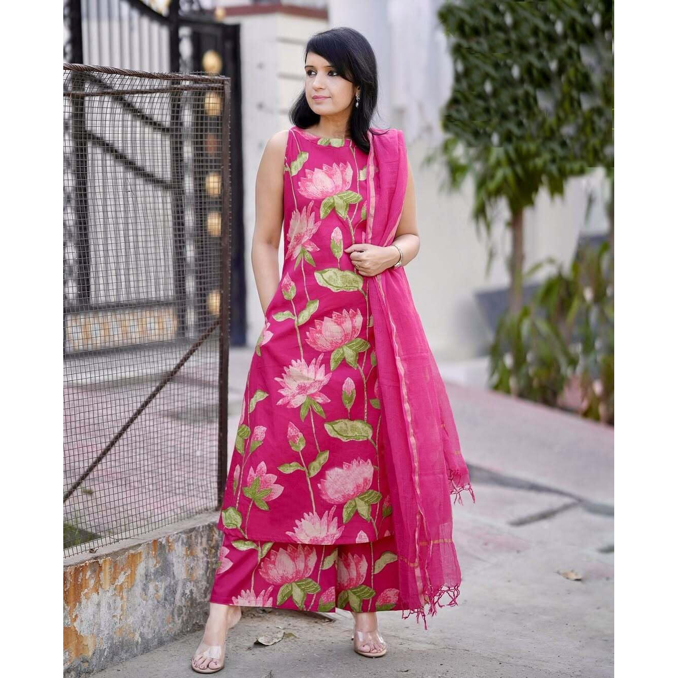 Gosriki Women's Rayon Viscose Printed A-Line Kurta With Palazzo & Dupatta (Amala Pink-Gs_Xxl_Pink_Xx-Large)