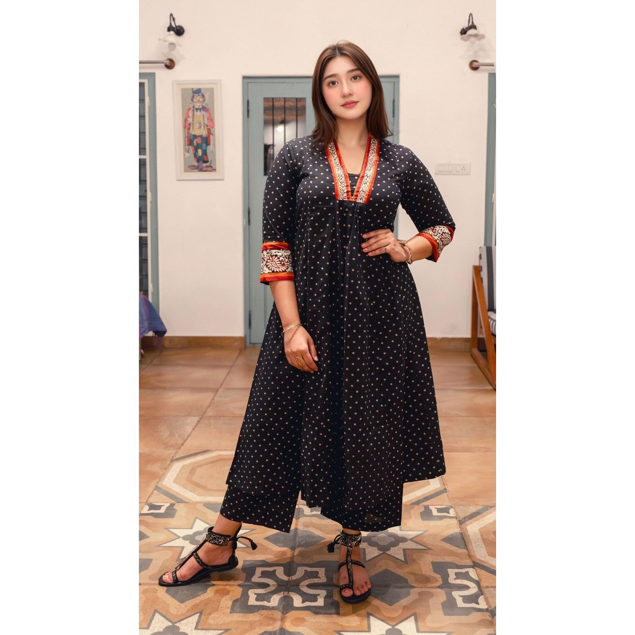 Gosriki Women's Rayon Blend Anarkali Printed Kurta With Pant (Karidos Black-Vks06-Gs_Xl_Black_X-Large)