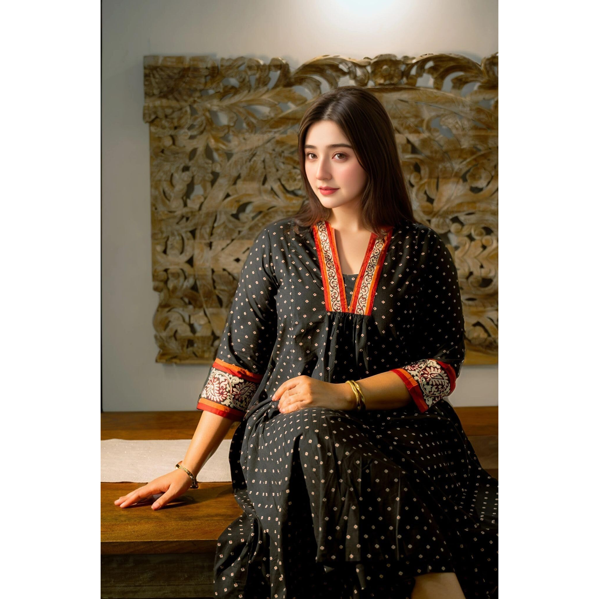 Gosriki Women's Rayon Blend Anarkali Printed Kurta With Pant (Karidos Black-Vks06-Gs_Xl_Black_X-Large)