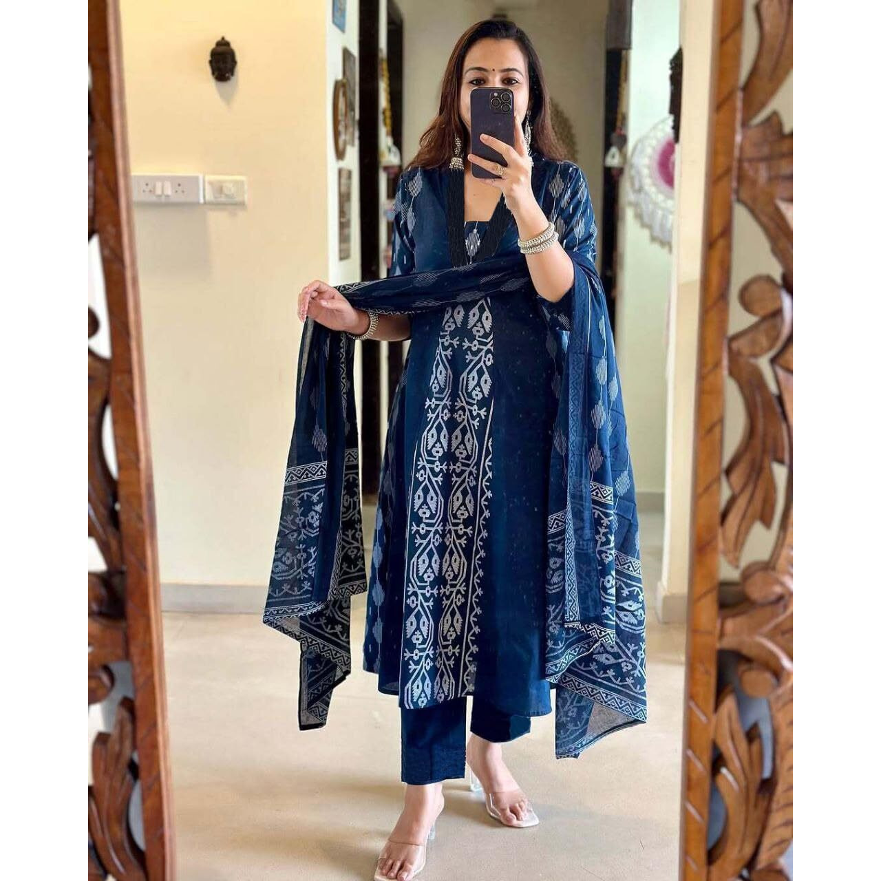 Gosriki Women's Rayon Viscose Printed Anarkali Kurta With Pant & Dupatta (Jarry Blue-Vks01-Gs_Xl_Blue_X-Large)