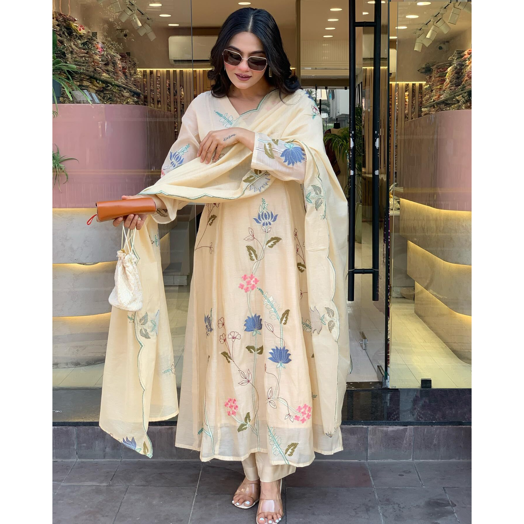 Gosriki Women's Chanderi Anarkali Printed Kurta With Pant & Dupatta (Shastra Cram-Gs_S_Cream_Small)