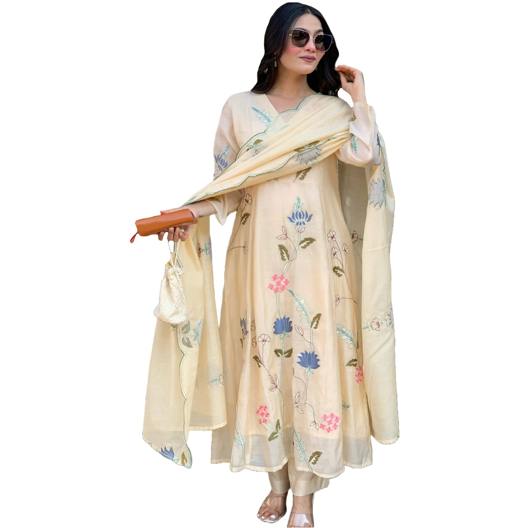 Gosriki Women's Chanderi Anarkali Printed Kurta With Pant & Dupatta (Shastra Cram-Gs_Xl_Cream_X-Large)