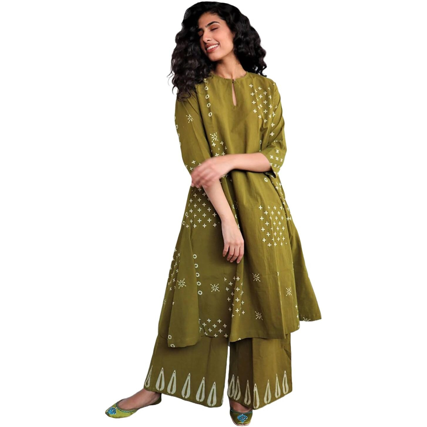 Gosriki Women's Rayon Viscose A-Line Printed Kurta With Palazzo (Chaurya Mehandi-Gs_S_Mehandi_Small)
