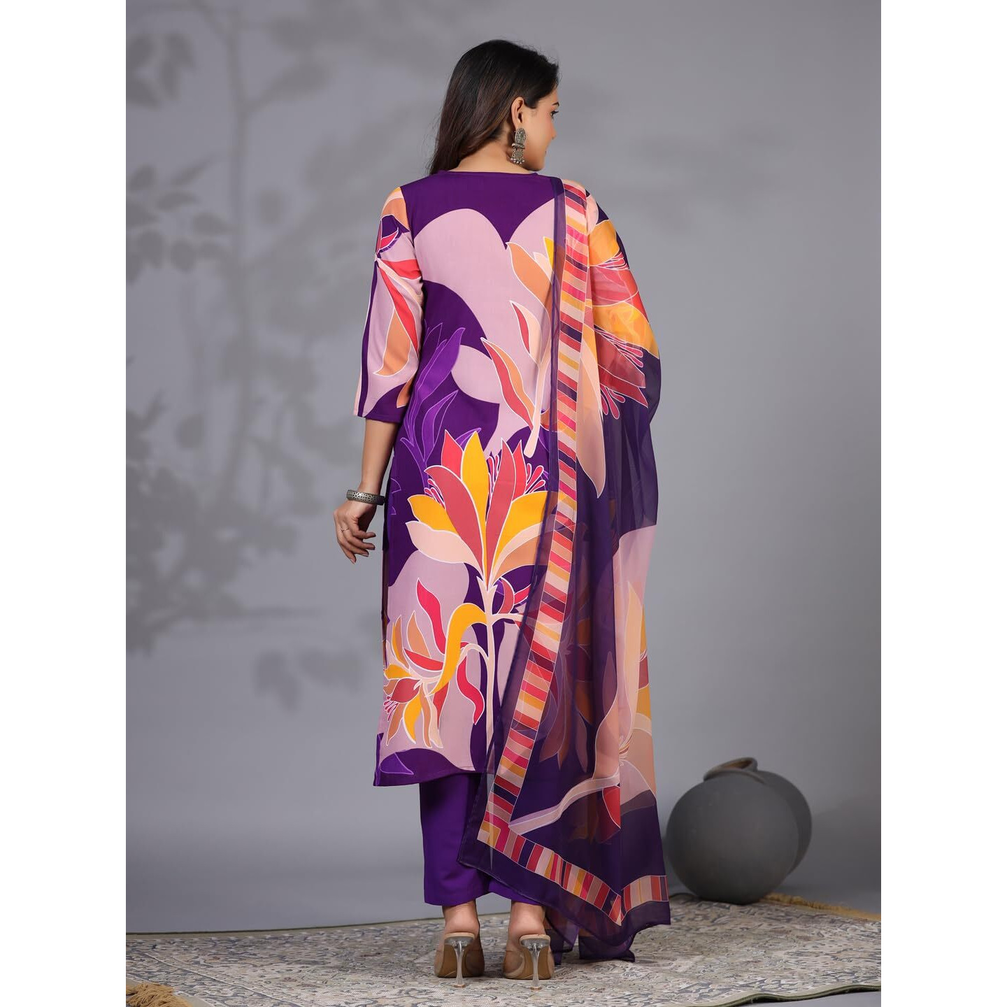 Gosriki Women's Rayon Blend Printed Straight Kurta With Pant & Dupatta (Khissu Violet-Gs_L_Violet_Large)