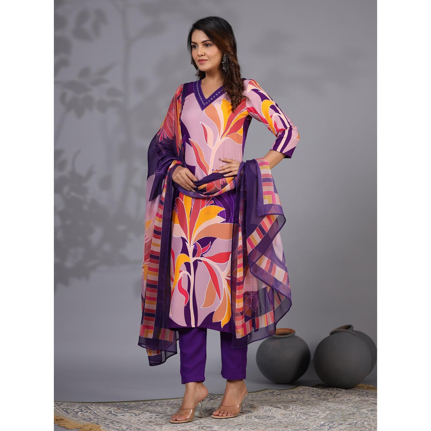 Gosriki Women's Rayon Blend Printed Straight Kurta With Pant & Dupatta (Khissu Violet-Gs_L_Violet_Large)