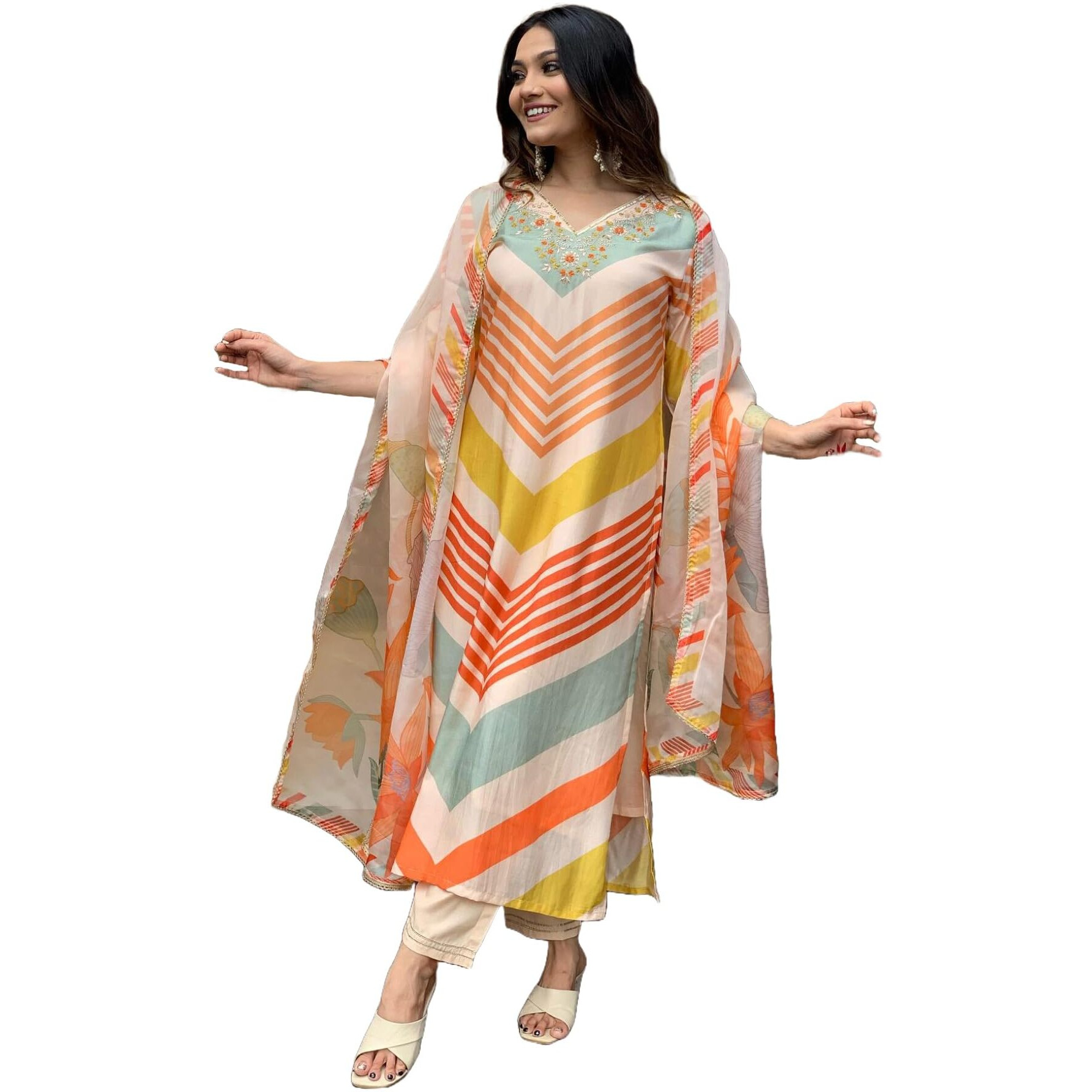 Gosriki Women's Cotton Blend Straight Printed Kurta With Pant & Dupatta (Dhimi Cream-Gs_Xl_Cream_X-Large)