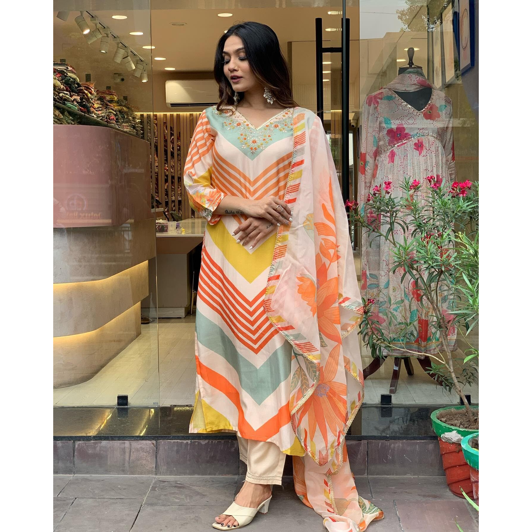 Gosriki Women's Cotton Blend Straight Printed Kurta With Pant & Dupatta (Dhimi Cream-Gs_Xl_Cream_X-Large)