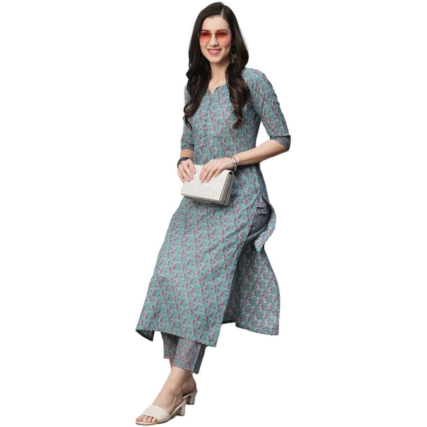 Gosriki Women's Cotton Blend Straight Printed Kurta With Pant (Padwil Dark Green-Nw-Gs_S_Dark Green_Small)