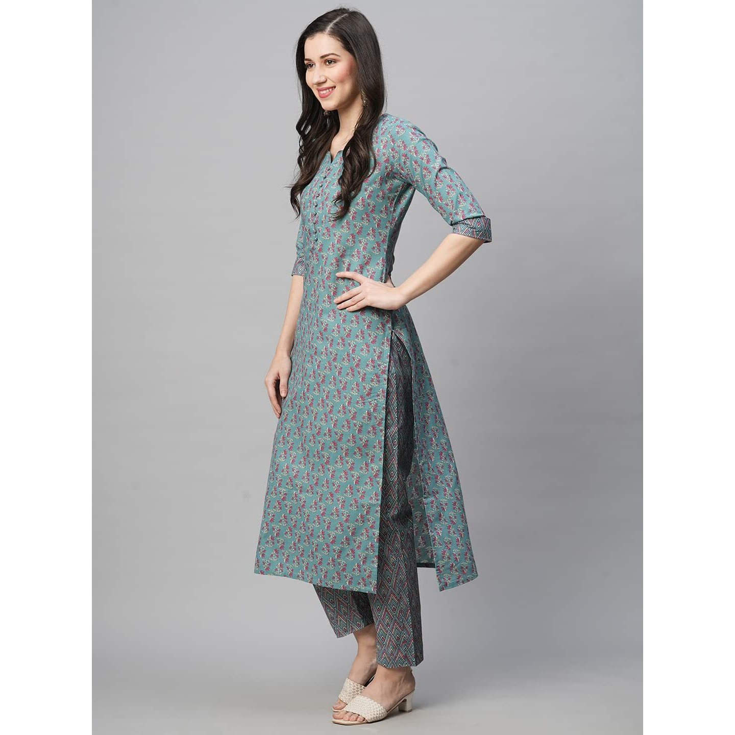 Gosriki Women's Cotton Blend Straight Printed Kurta With Pant (Padwil Dark Green-Nw-Gs_S_Dark Green_Small)