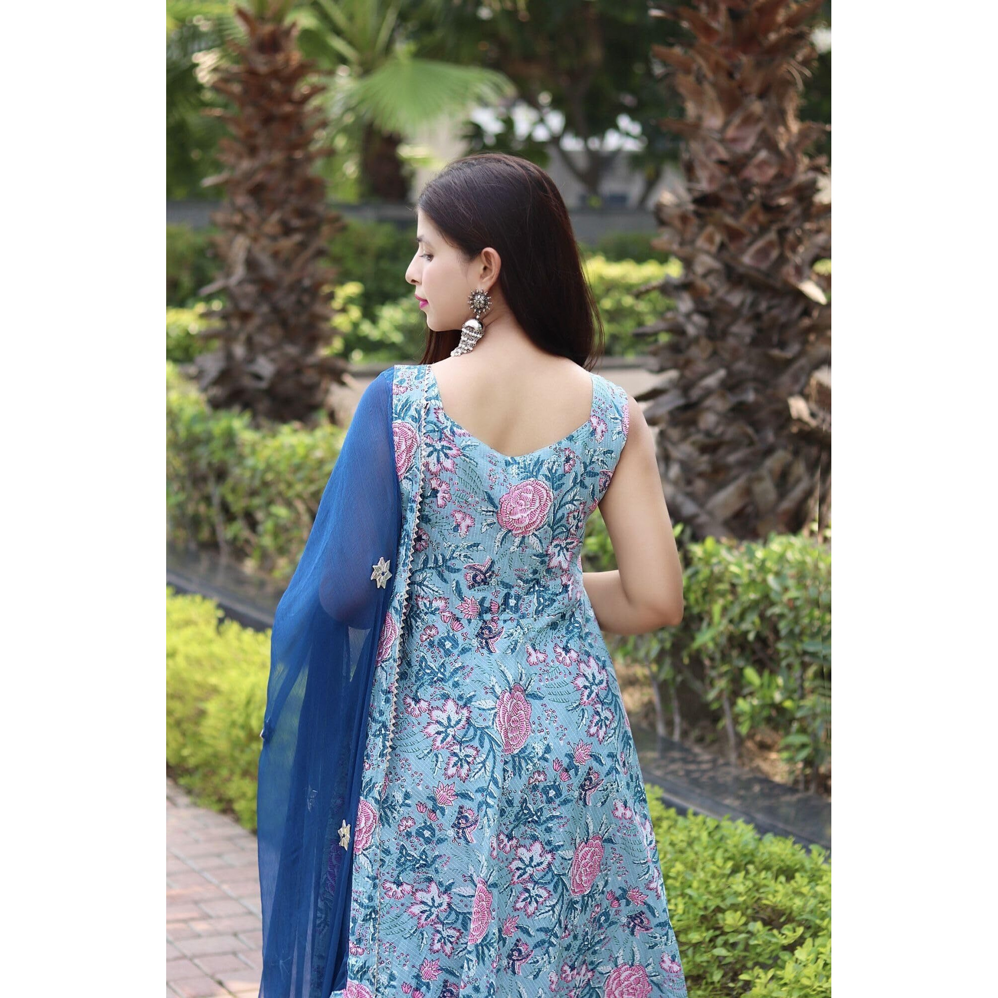 Gosriki Women's Cotton Blend Anarkali Printed Kurta With Pant & Dupatta (Goanni Blue-Gs_4Xl_Blue_Xxxx-Large)