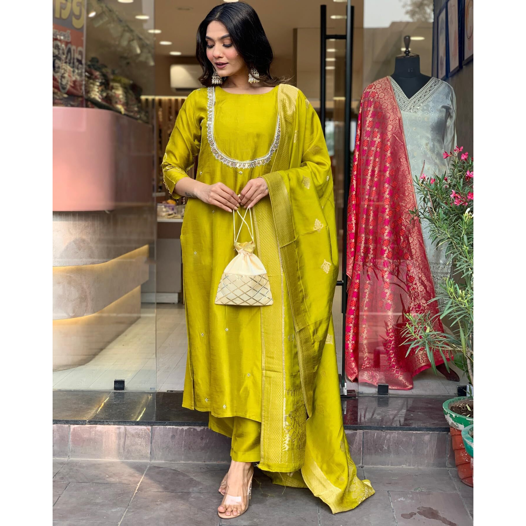 Gosriki Women's Silk Blend Straight Embroidered Kurta With Pant & Dupatta (Deluxe Green-Gs_Xl_Green_X-Large)