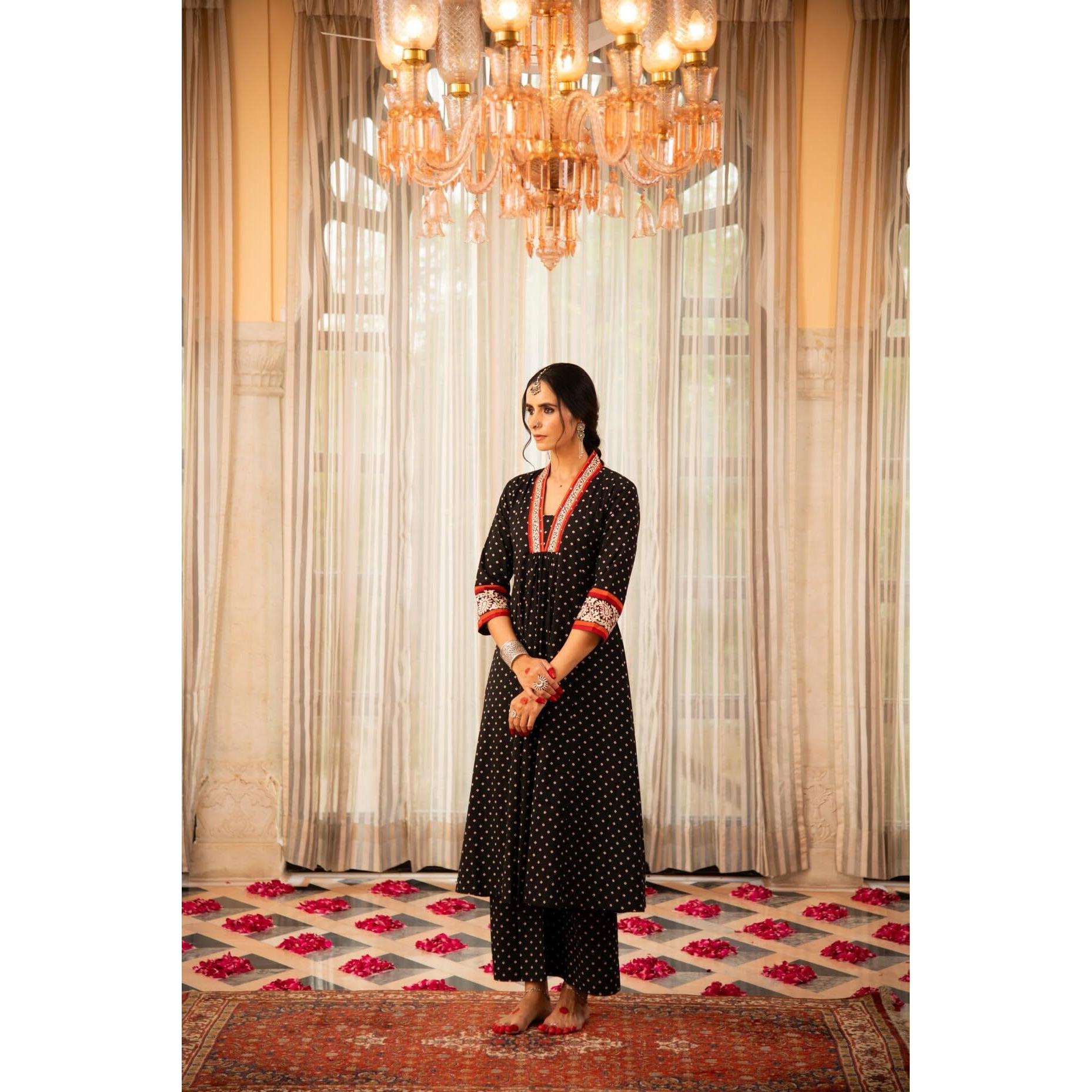 Gosriki Women's Rayon Blend Anarkali Printed Kurta With Pant (Karidos Black-Vks01-Gs_S_Black_Small)