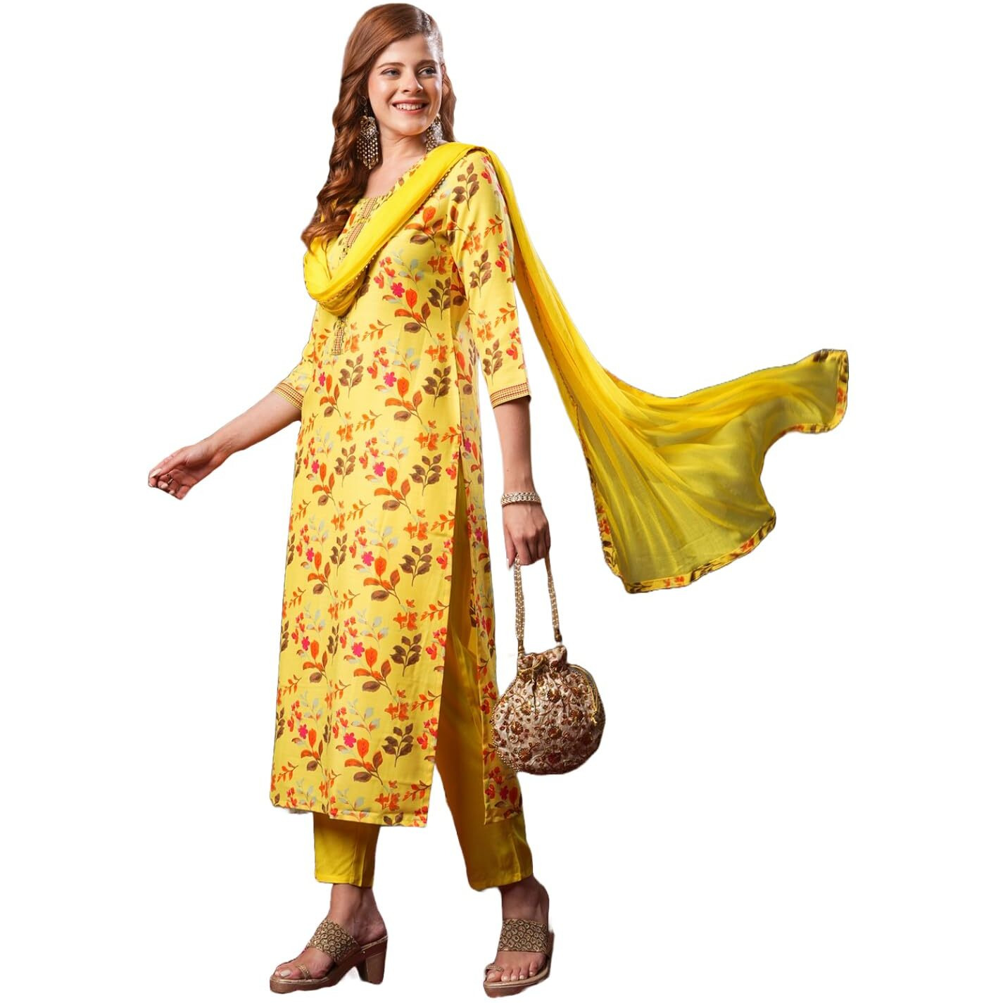 Gosriki Women's Cotton Blend Printed Straight Kurta And Pant With Dupatta (Kaleping-Yellow-Gs_Xxl_Yellow_Xx-Large)