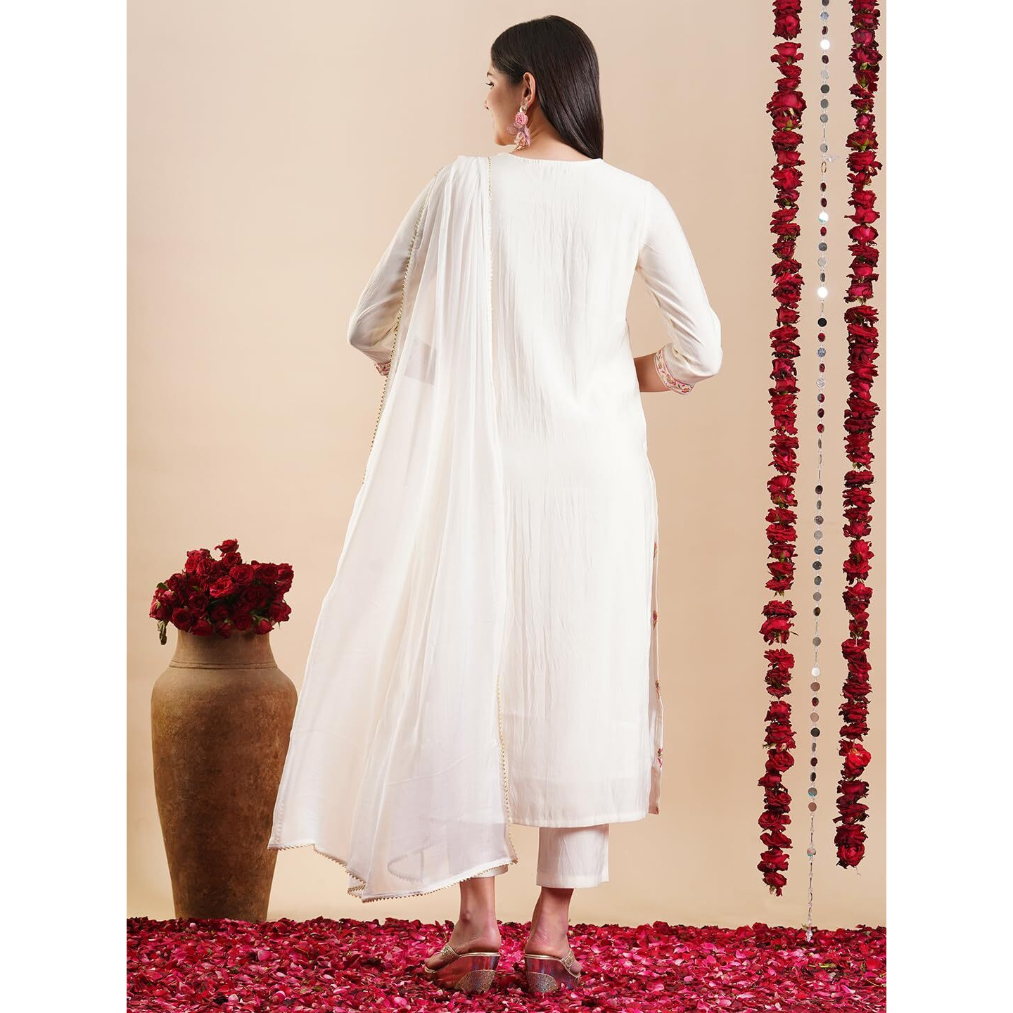 Gosriki Women's Rayon Blend Staright Embroidered Kurta With Pant & Dupatta (Kochi White-Gs_L_White_Large)