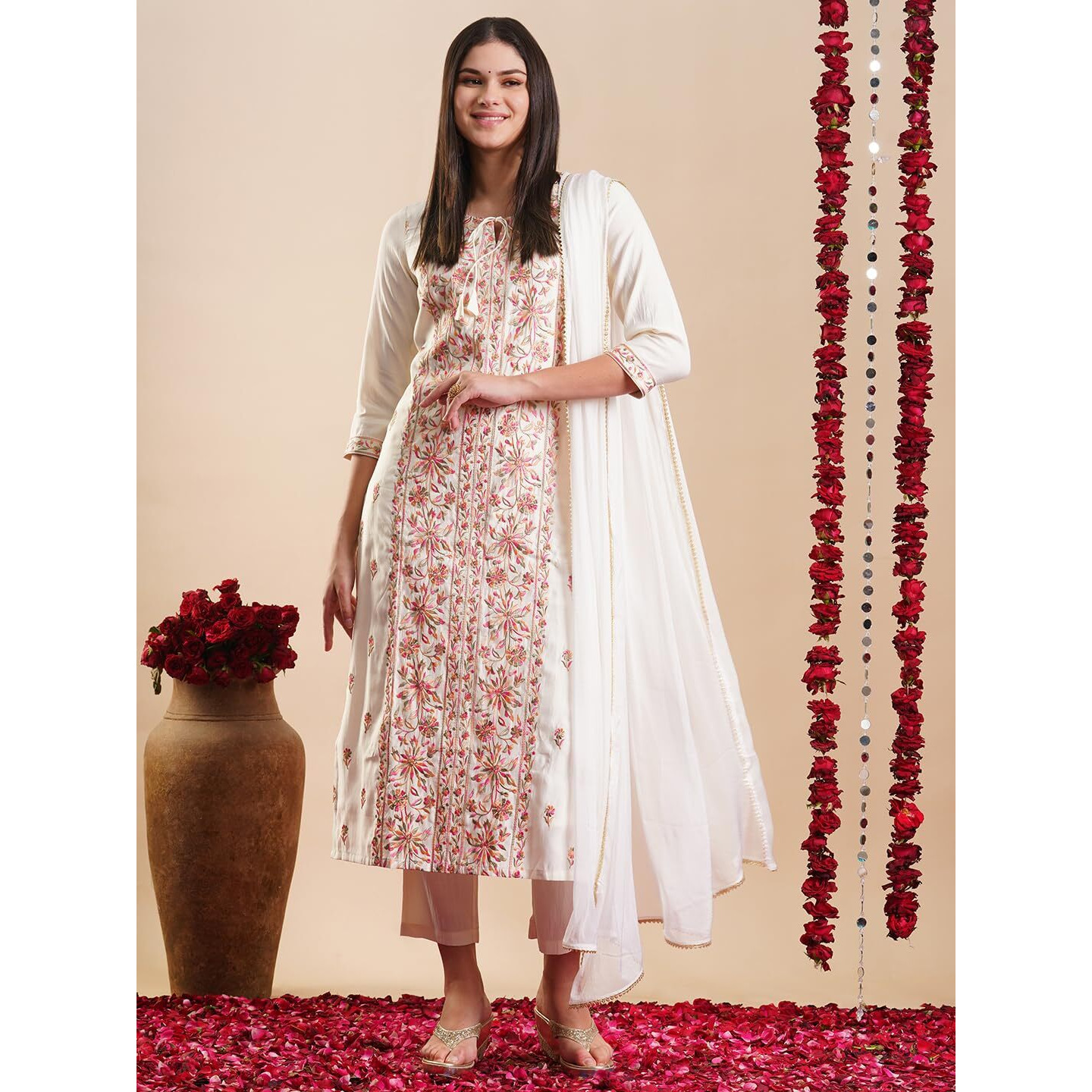Gosriki Women's Rayon Blend Staright Embroidered Kurta With Pant & Dupatta (Kochi White-Gs_L_White_Large)