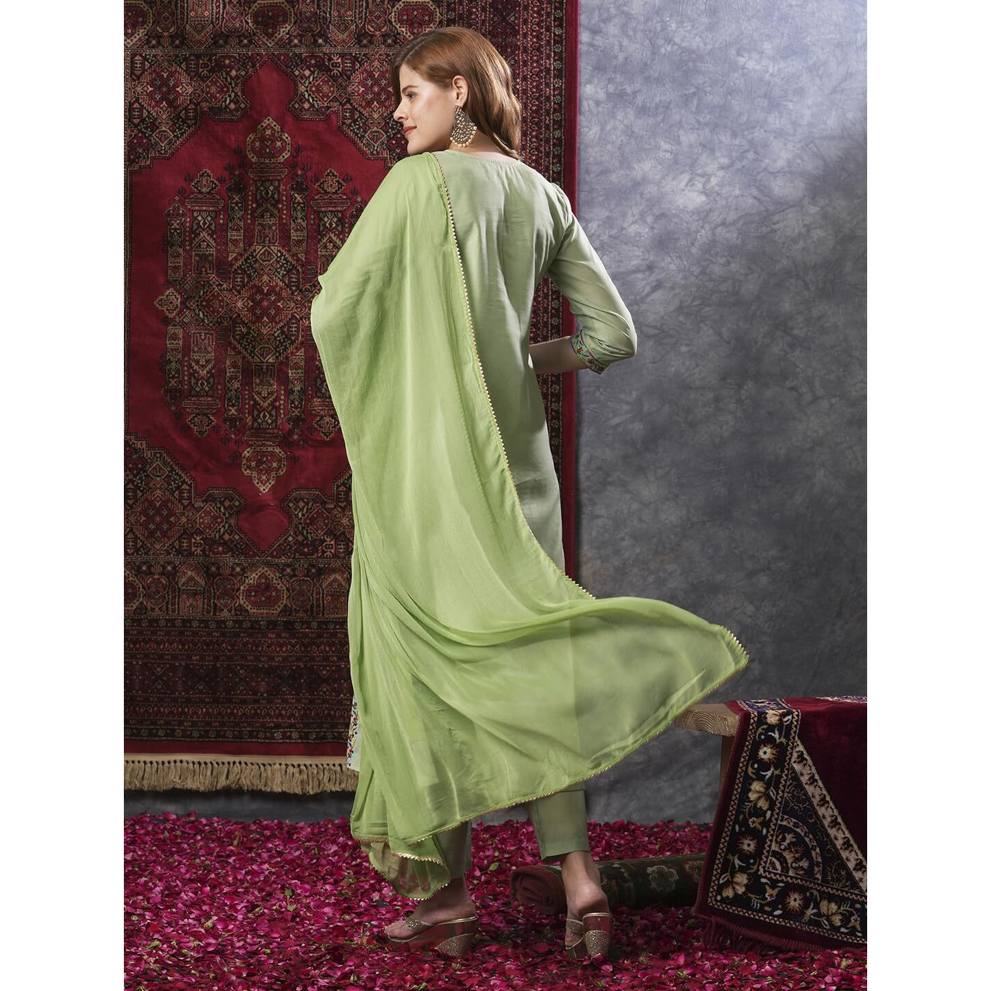 Gosriki Women's Cotton Blend Embroidered Straight Kurta With Pant & Dupatta (Kochi Methi-Gs_L_Green_Large)