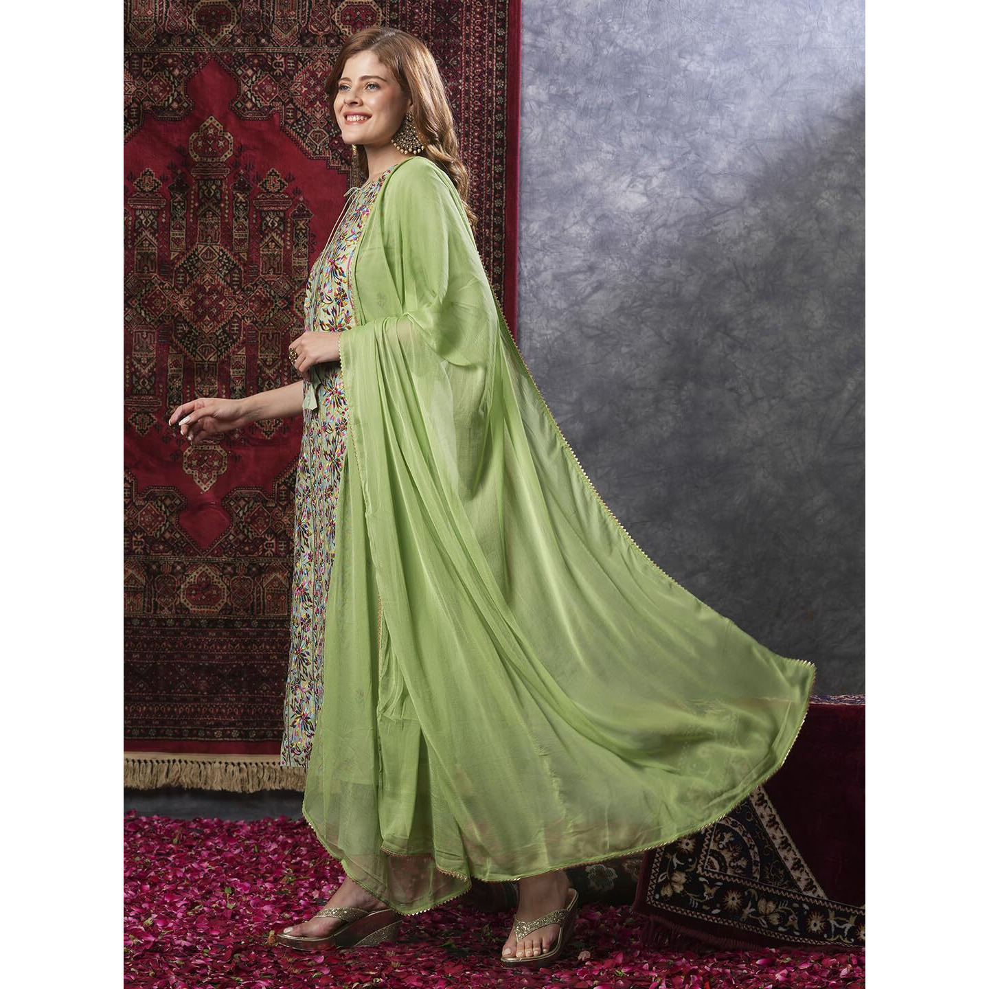 Gosriki Women's Cotton Blend Embroidered Straight Kurta With Pant & Dupatta (Kochi Methi-Gs_L_Green_Large)