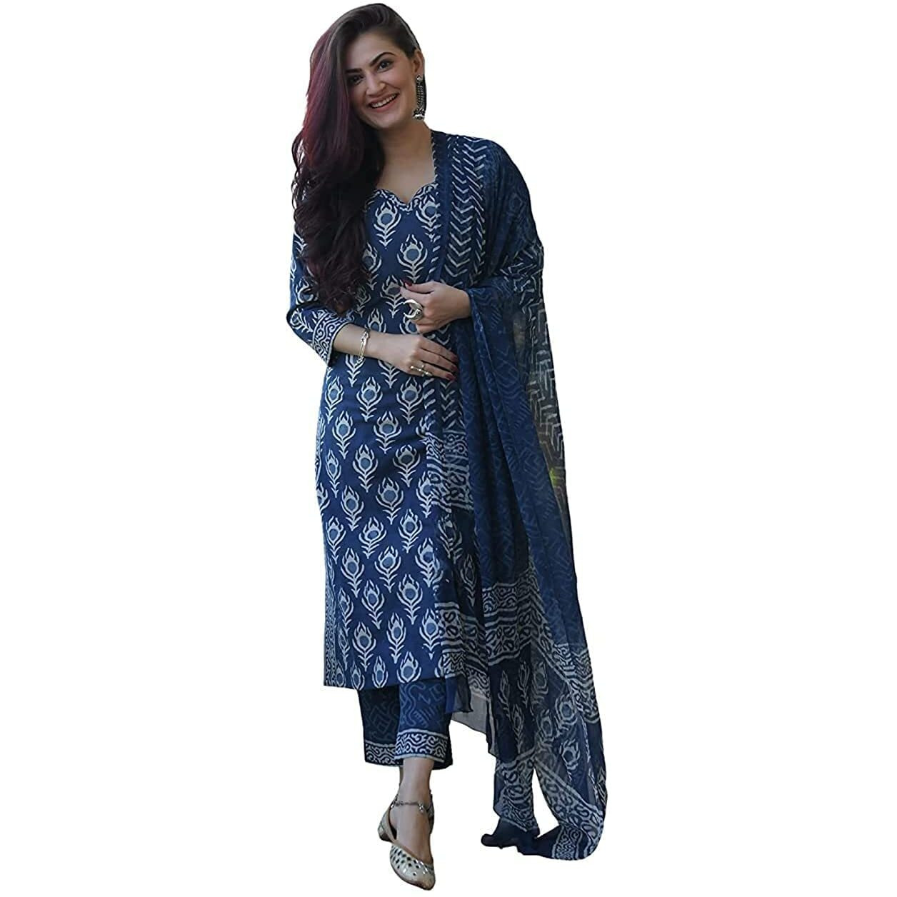 Gosriki Women's Rayon Straight Printed Kurta With Pant & Dupatta (Bulgeriya Blue_Xxl-Go_Blue_Xx-Large)