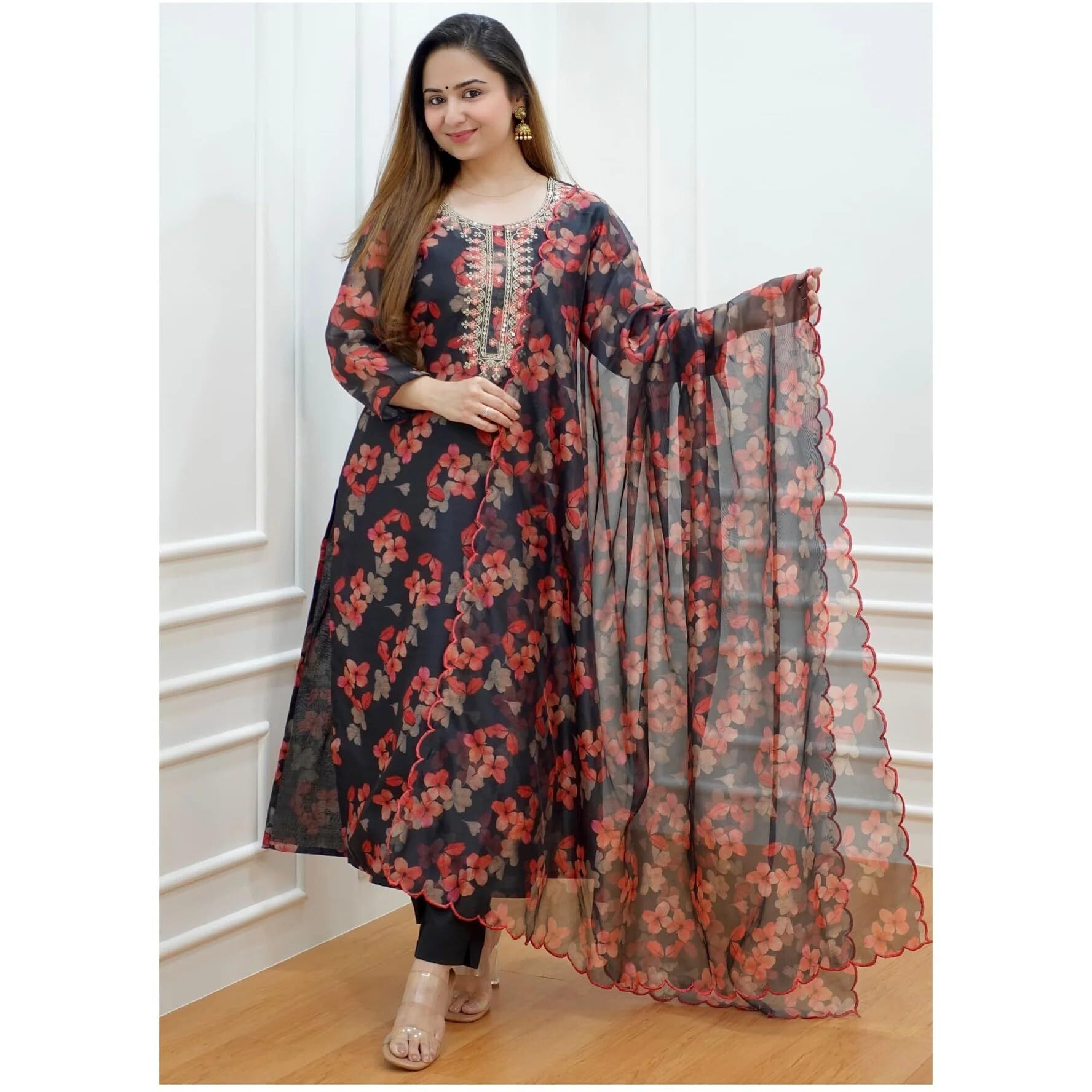 Gosriki Women's Cotton Blend Printed Straight Kurta With Pant & Dupatta (Muni Navy Blue-Gs_Xl_Navy Blue_X-Large)