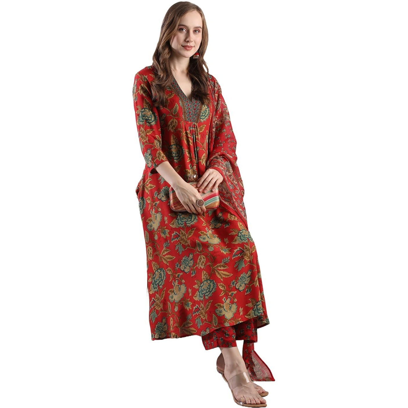 Gosriki Women's Rayon Blend Anarkali Printed Kurta With Palazzo & Dupatta (Cia Red-Vks06-Gs_Xxl_Red_Xx-Large)