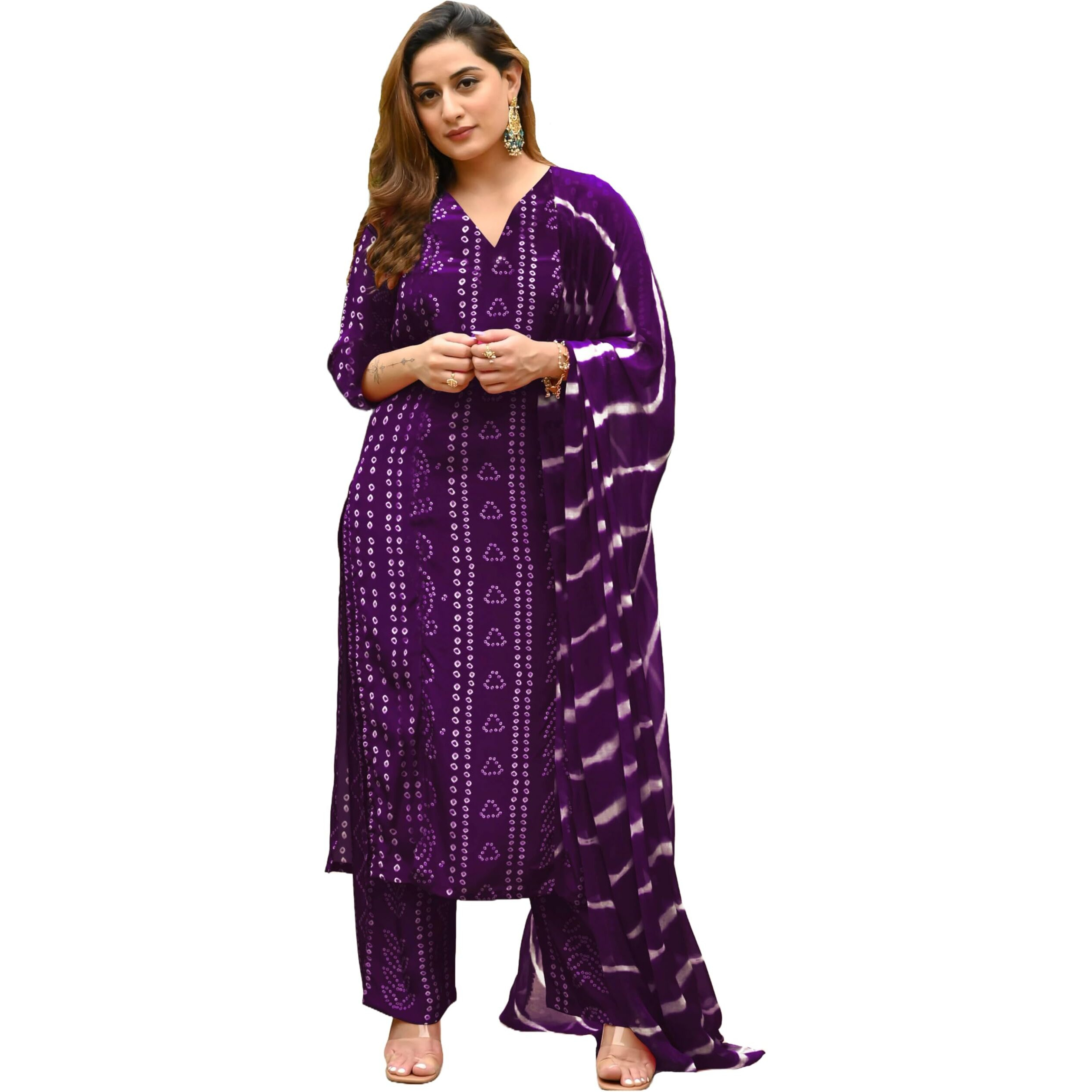 Gosriki Women's Rayon Blend Straight Bandhej Printed Kurta With Pant & Dupatta (Baghira Begani-Gs_Xl_Begani_X-Large)