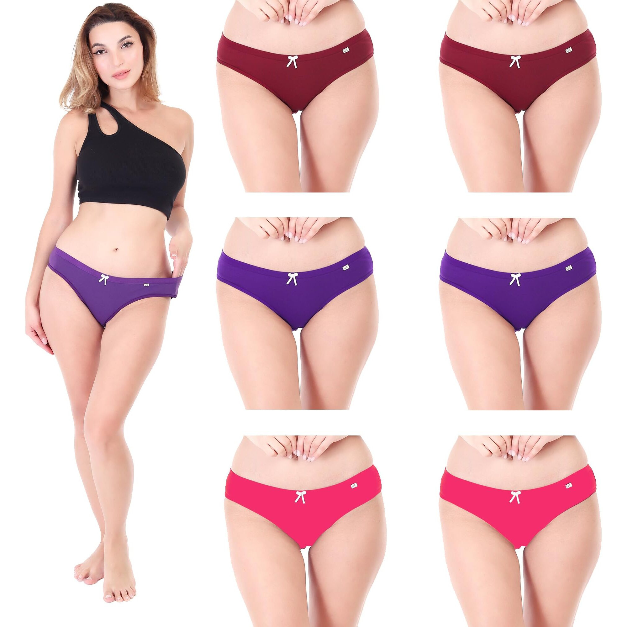 Xjarvis Caribeanchic Women's Hipster Panty - Soft Stretchable Combed Cotton Underwear, High Coverage Bikini Briefs, Breathable & Comfortable Ladies Innerwear - Pack Of 6, Brown/Pink/Purple, L