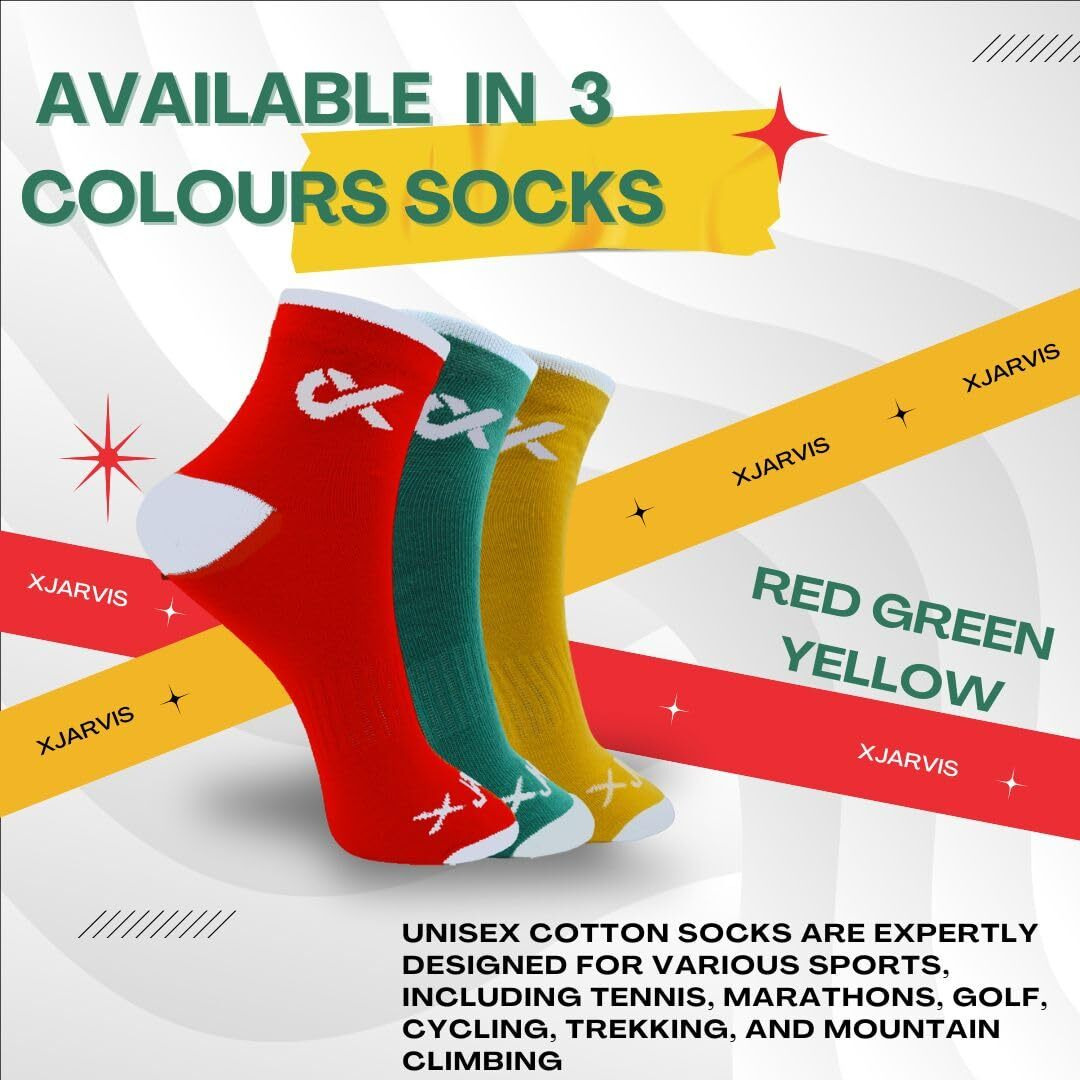 Xjarvis Moscow Ankle Socks For Men And Women  Moisture-Wicking, Ultimate Comfort, Odor Free, Breathable & Perfect For Gym Wear And Sports Wear Pack Of 6 Free Size  (Red/Green/Yellow)