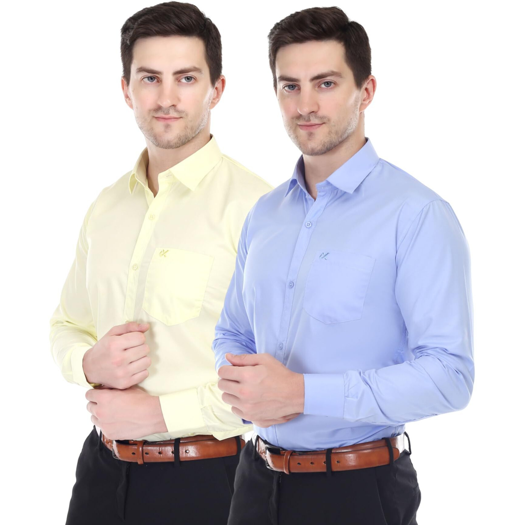 Xjarvis Clifton Men's Regular Fit Cotton Blend Plain Shirt  Full Sleeves Casual & Formal Summer Shirt With Pocket Design & Spread Collar, Pack Of 2 (Lemon/Blue, S)