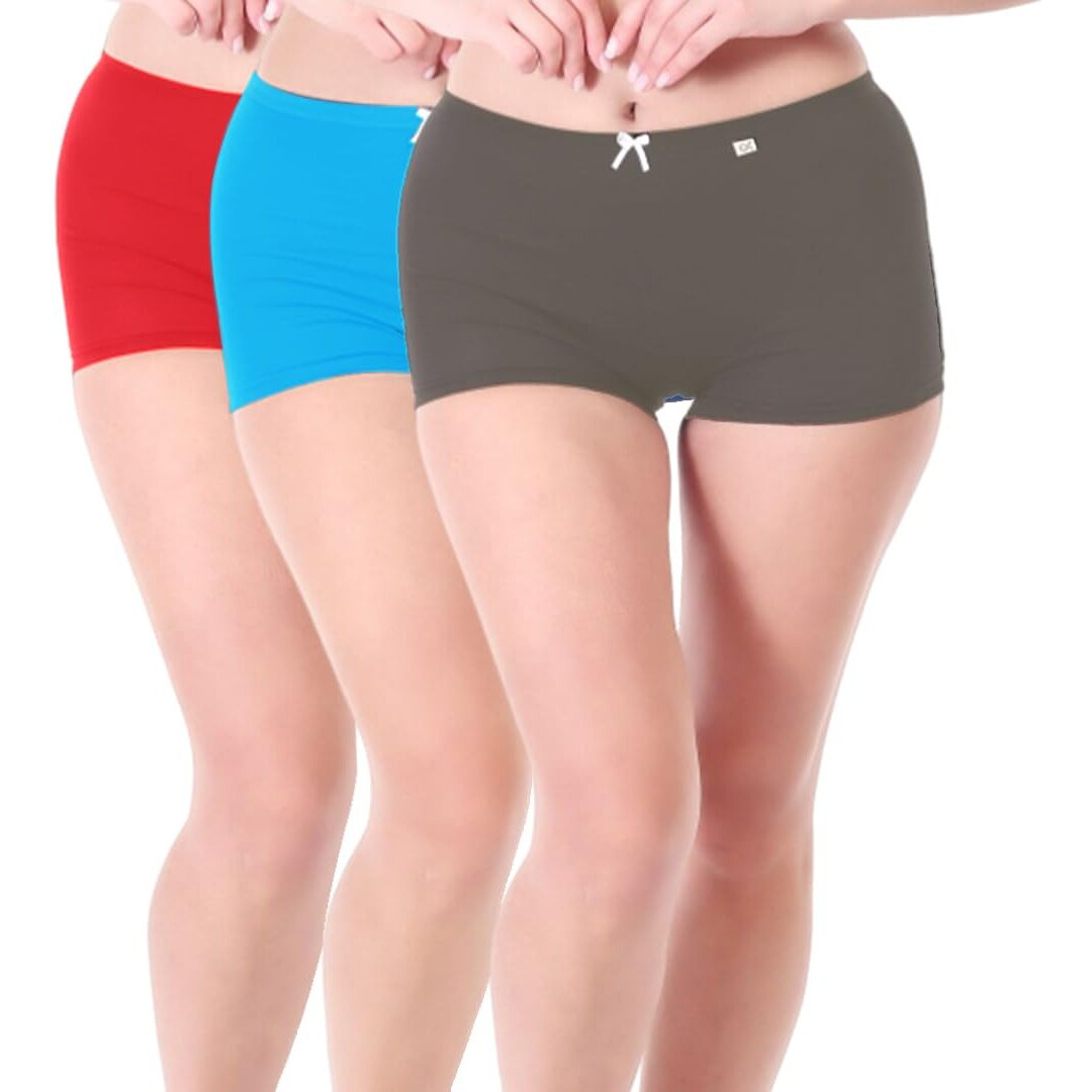 Xjarvis Ladybay Women's High Coverage Combed Cotton Stretch Boy Shorts Mid Waist Seamless Brief Boxer Underwear Moisture Wicking Innerwear, Pack Of 3 (Red/Olive Green/Air Force Blue, M)